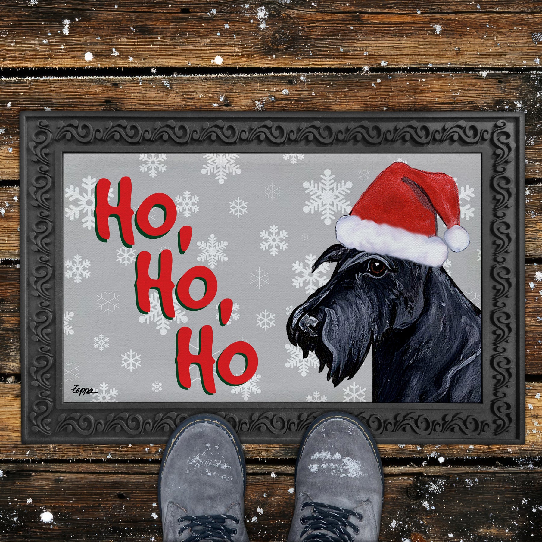 Scottish Terrier Ho Ho Ho Door Mat in Grey