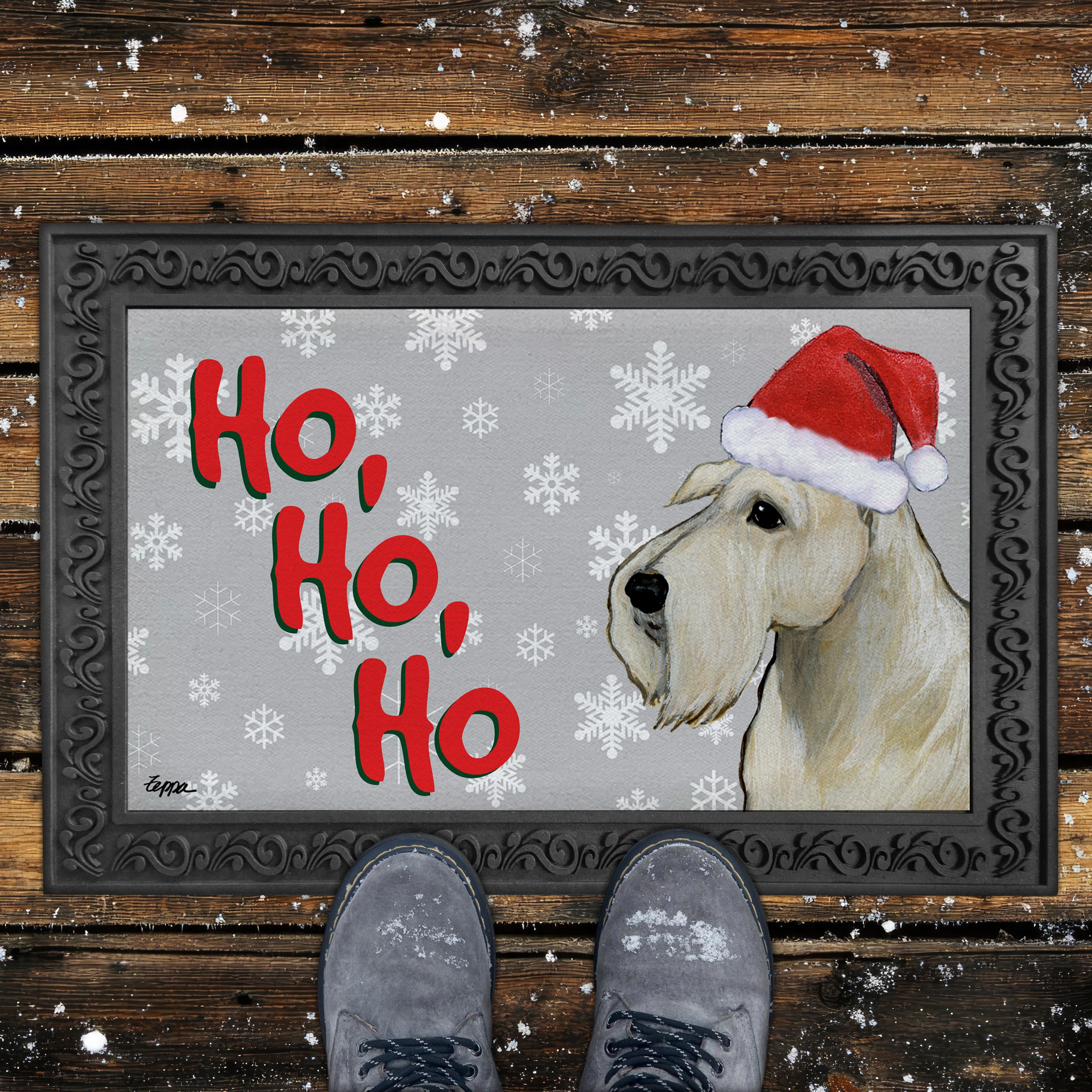 Wheaten Scottish Terrier Ho Ho Ho Door Mat in Grey