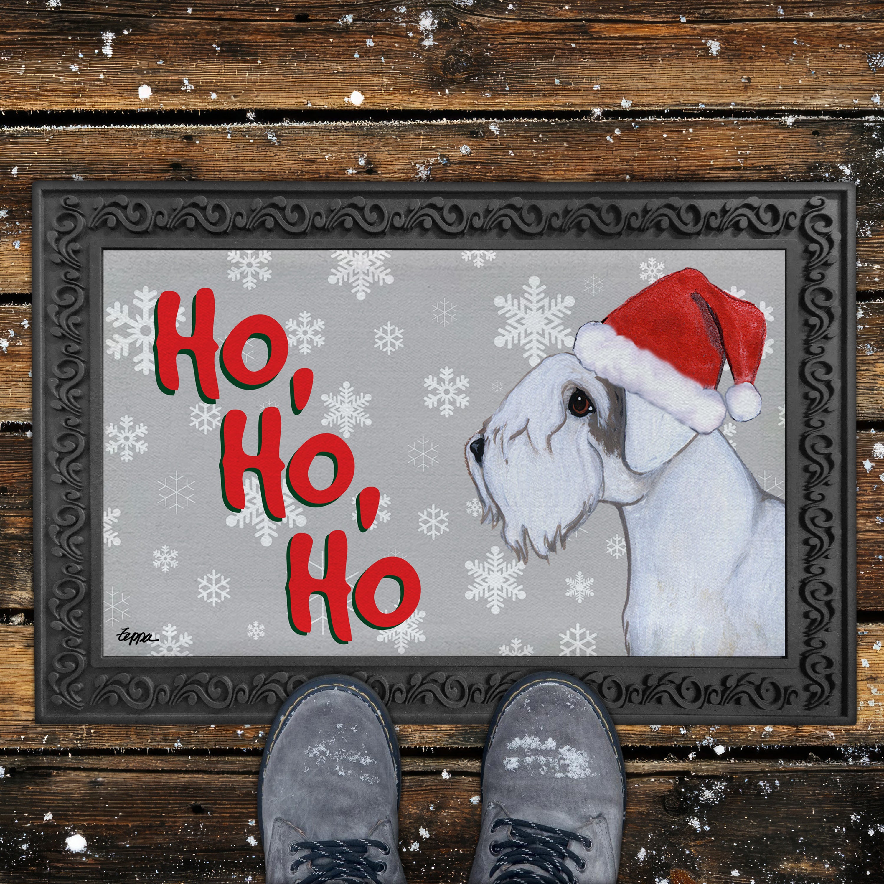 Sealyham Terrier Ho Ho Ho Door Mat in Grey