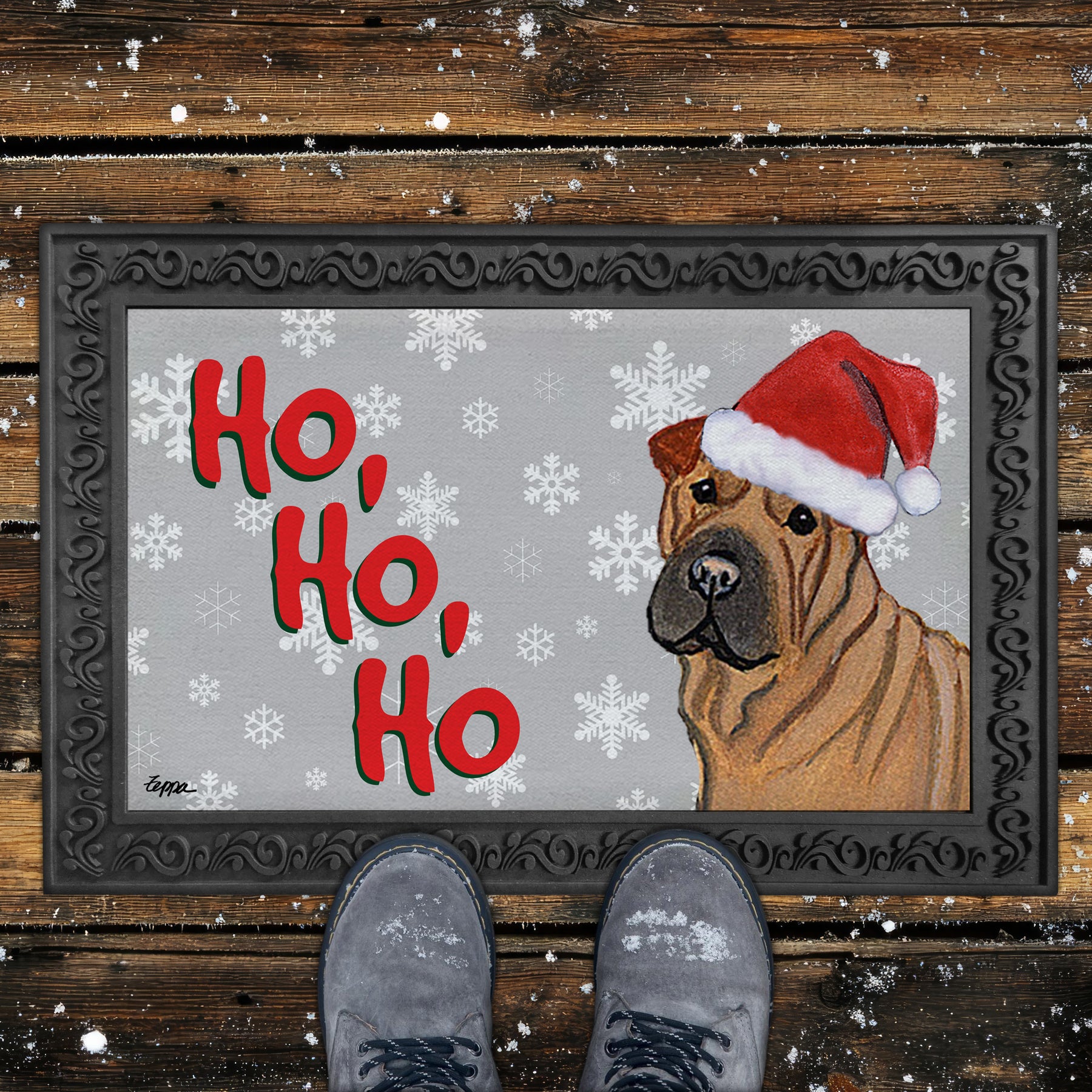 Shar Pei Ho Ho Ho Door Mat in Grey