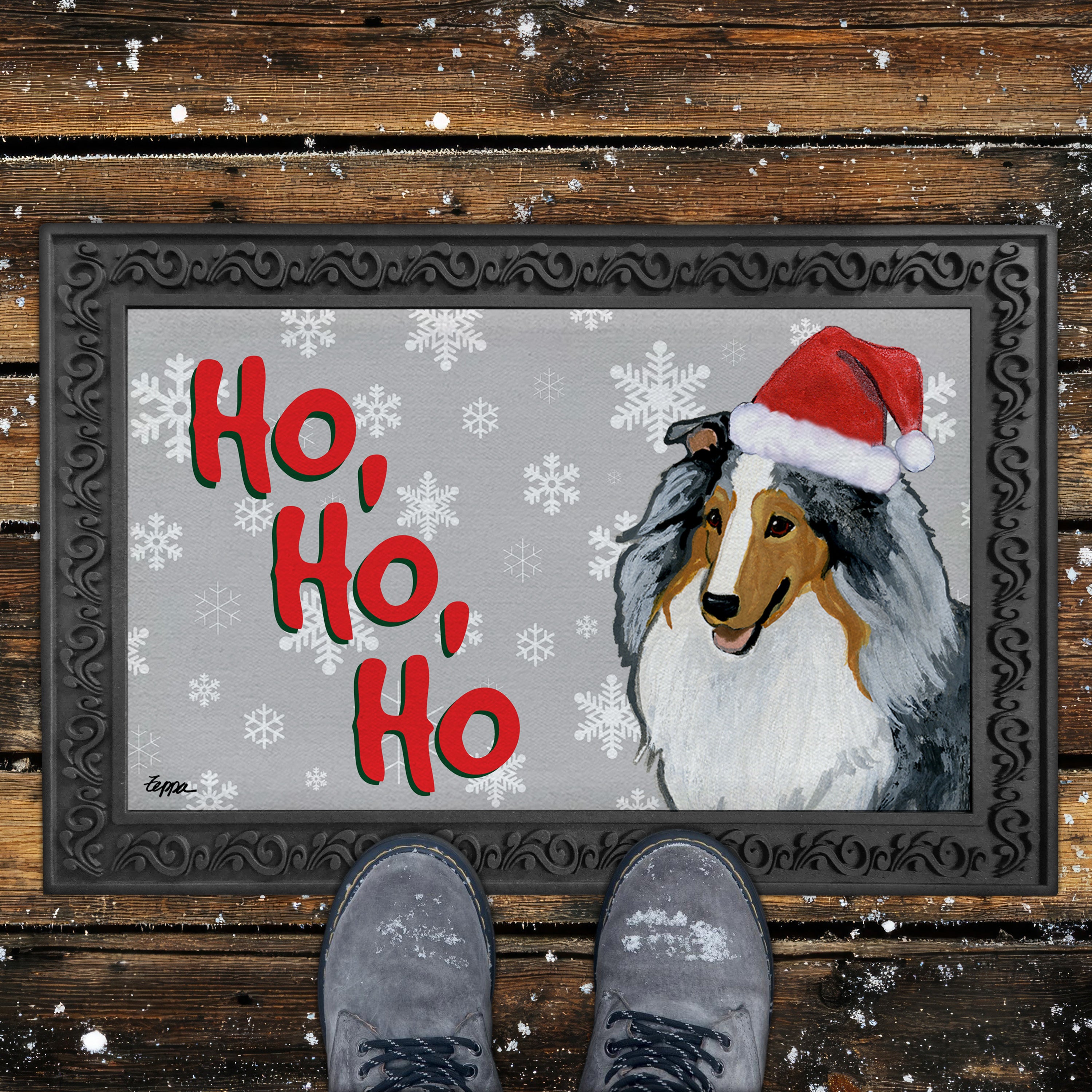 Blue Merle Shetland Sheepdog Ho Ho Ho Door Mat in Grey