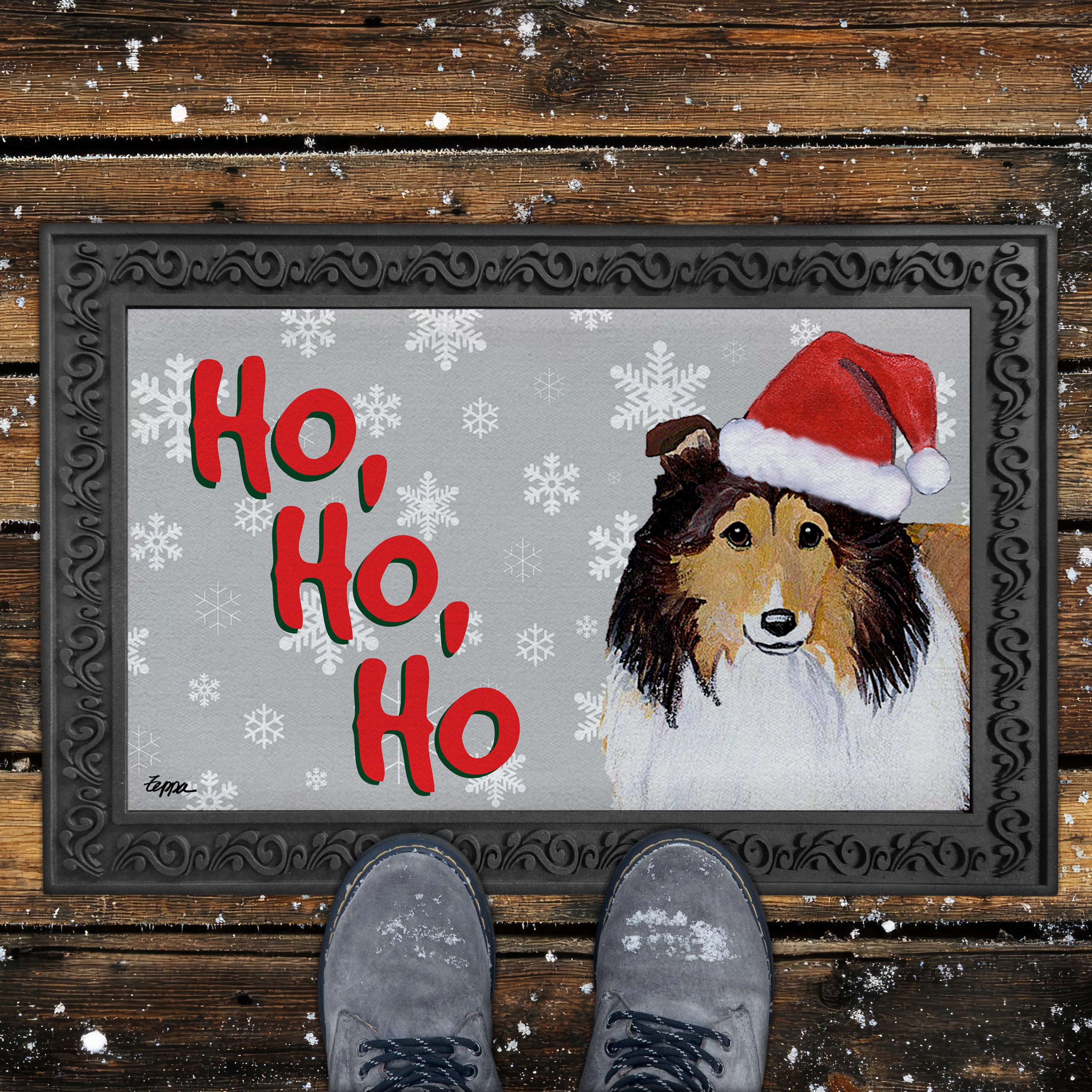 Shetland Sheepdog Ho Ho Ho Door Mat in Grey