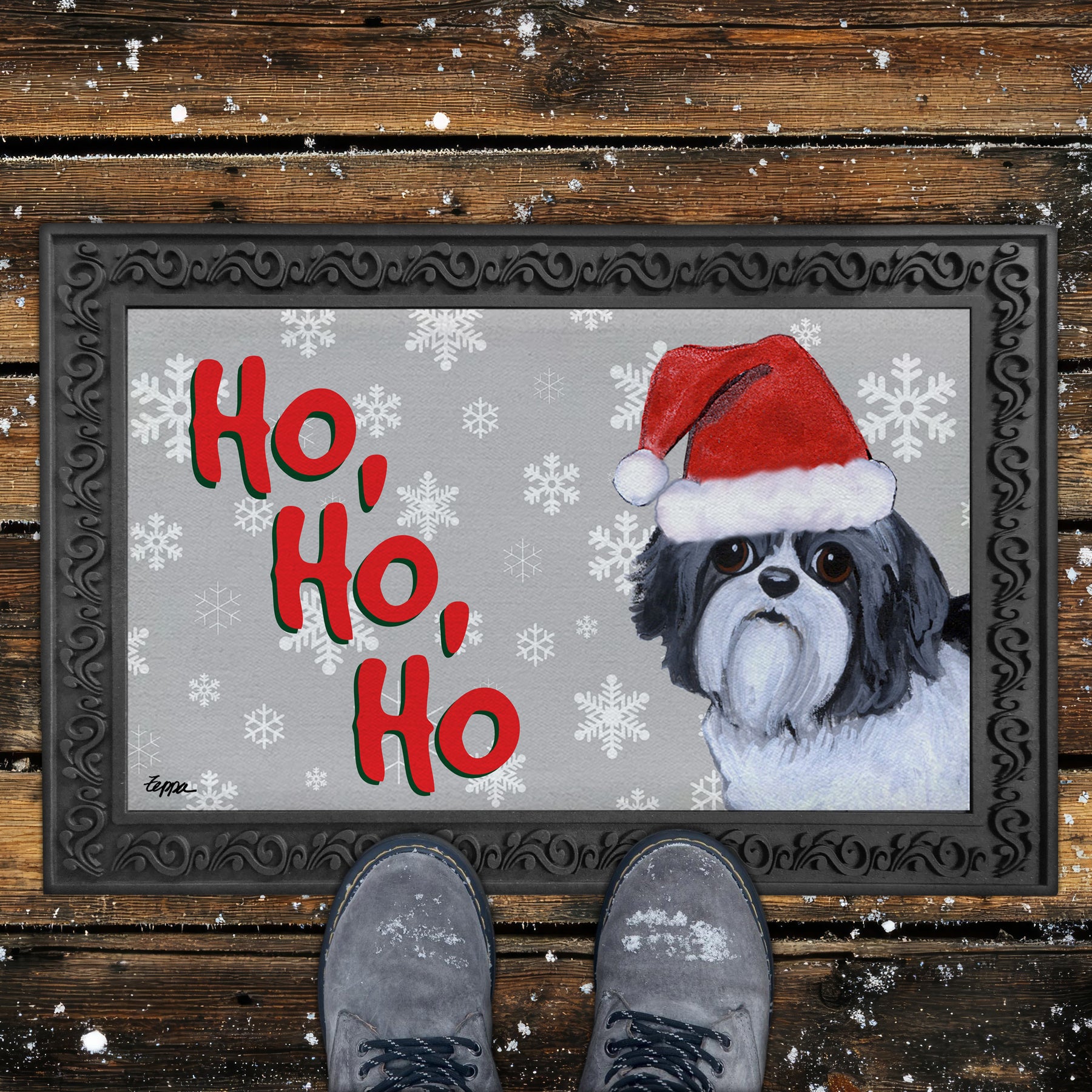 Puppy Clip Shih Tzu Ho Ho Ho Door Mat in Grey