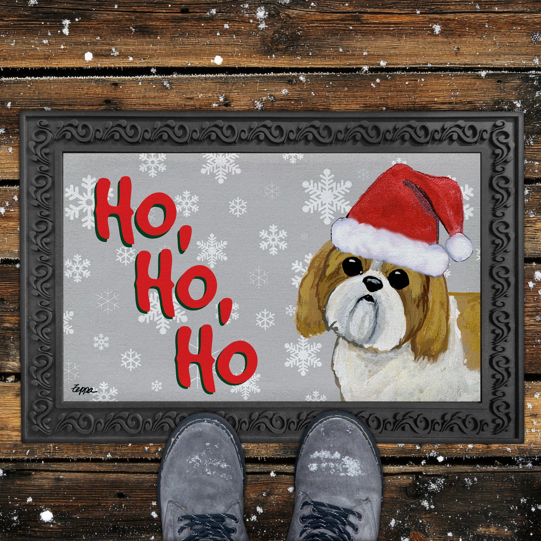 Puppy Clip Tan and White Shih Tzu Ho Ho Ho Door Mat in Grey