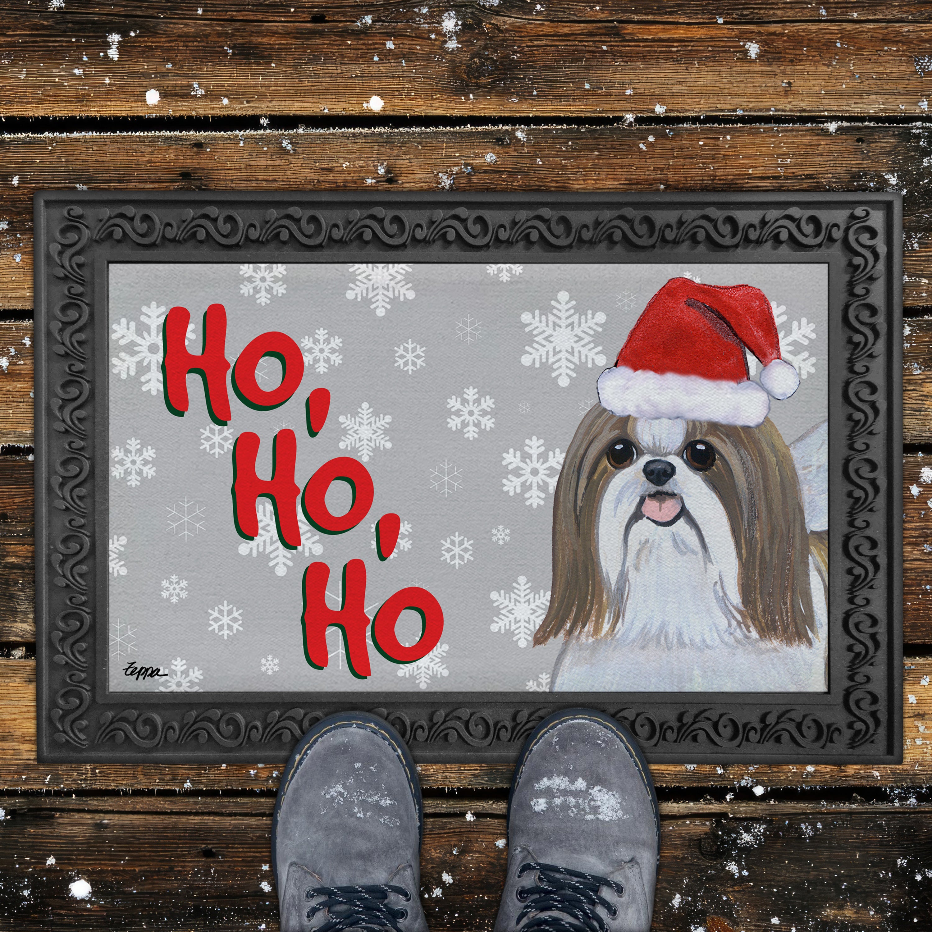 Tan and White Shih Tzu Ho Ho Ho Door Mat in Grey