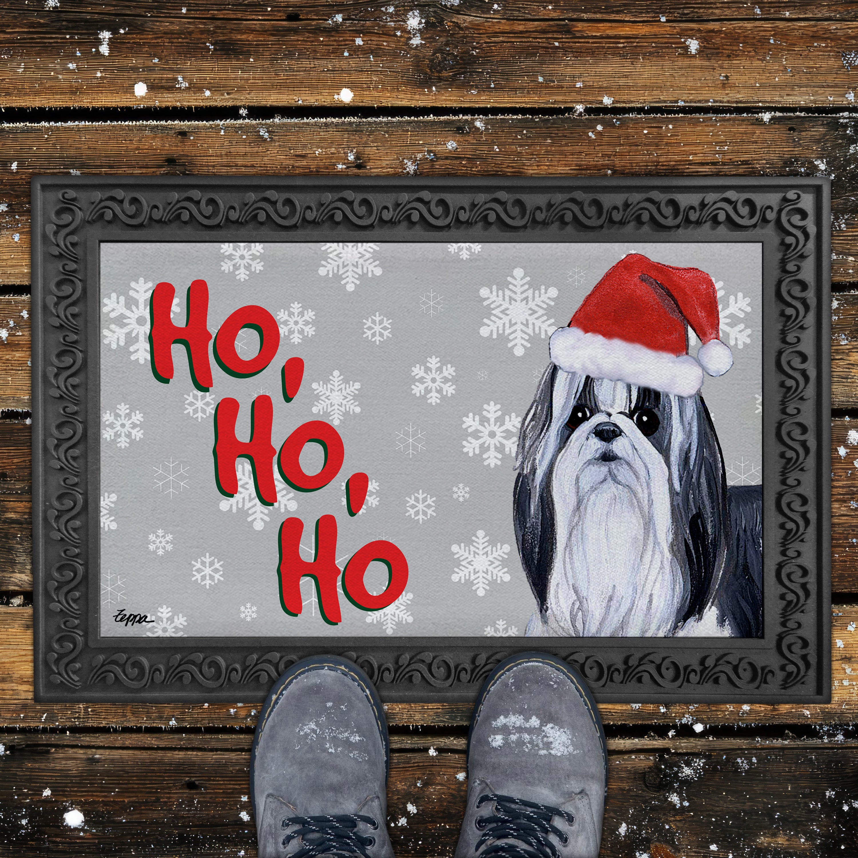 Shih Tzu Ho Ho Ho Door Mat in Grey.