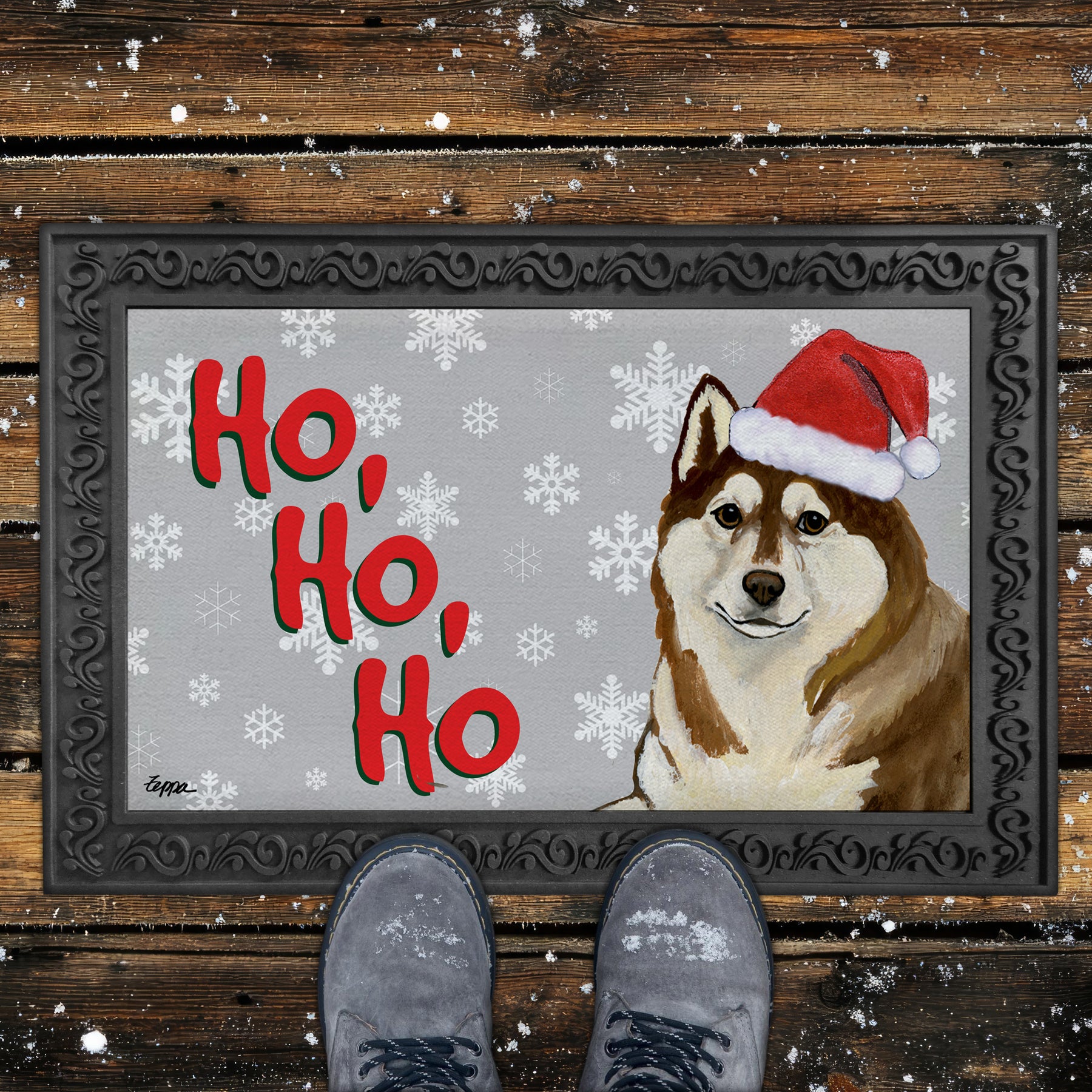Copper Siberian Husky Ho Ho Ho Door Mat in Grey