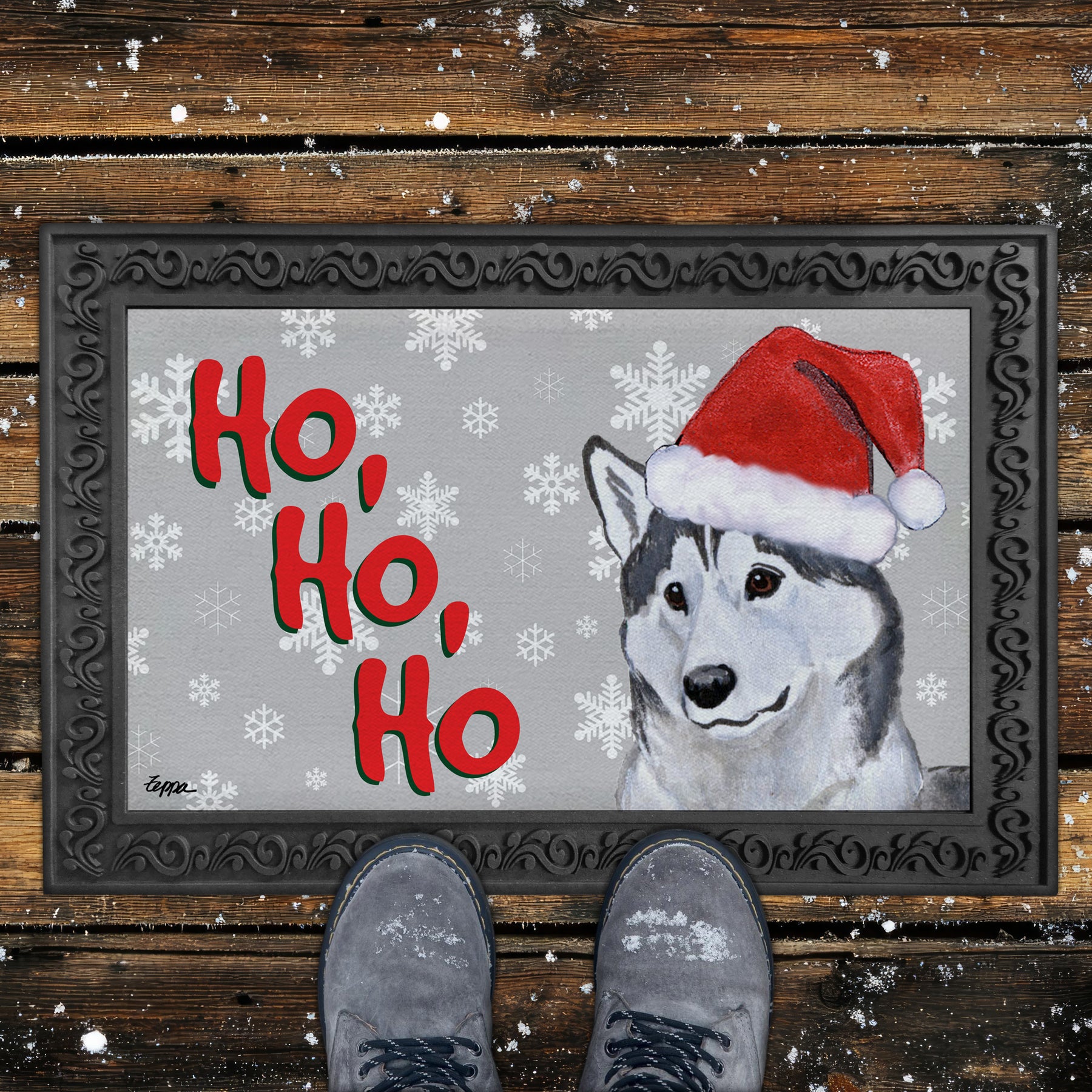 Siberian Husky Ho Ho Ho Door Mat in Grey