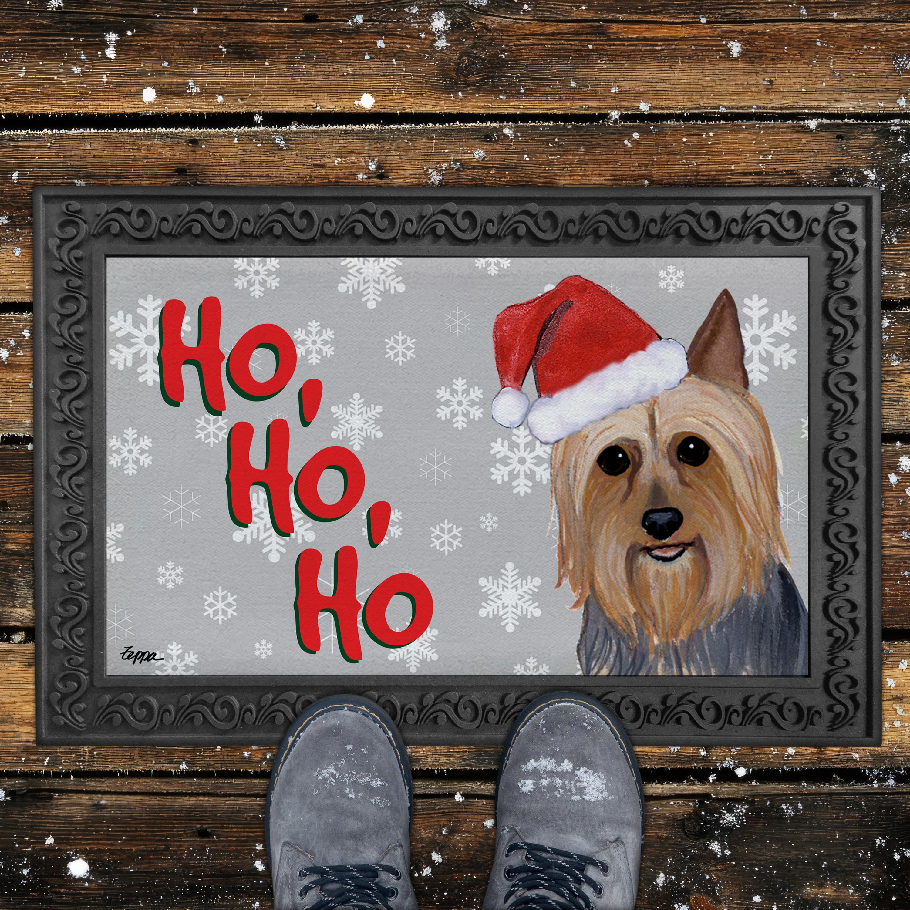 Silky Terrier Ho Ho Ho Door Mat in Grey