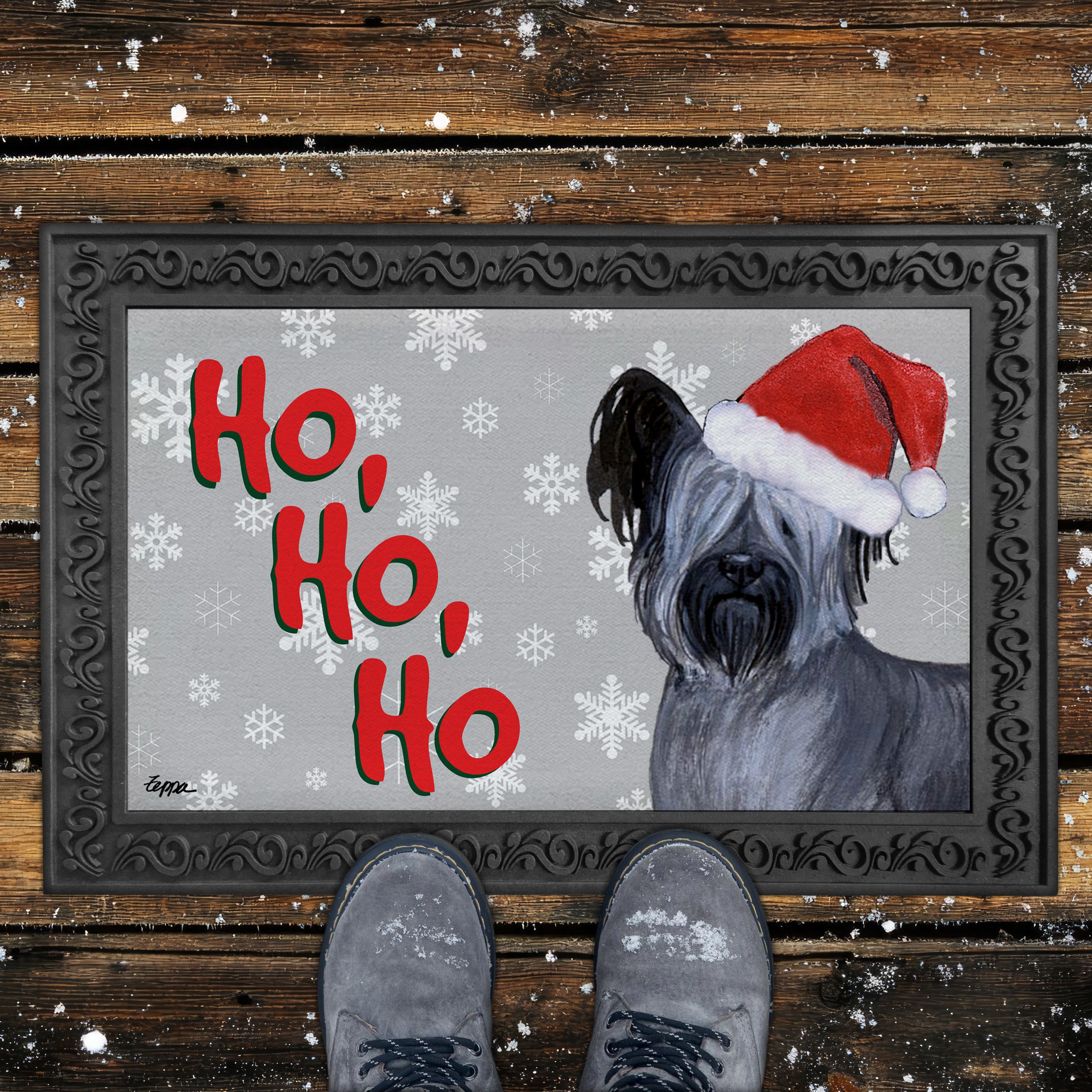 Skye Terrier Ho Ho Ho Door Mat in Grey