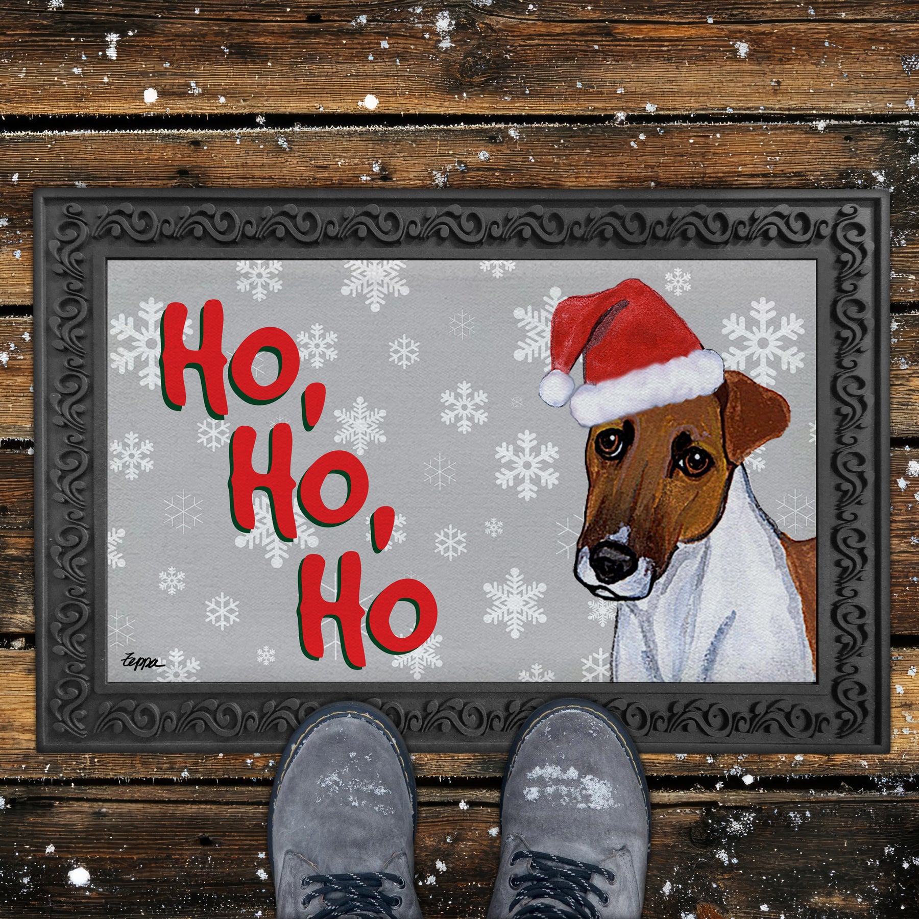 Smooth Fox Terrier Ho Ho Ho Door Mat in Grey
