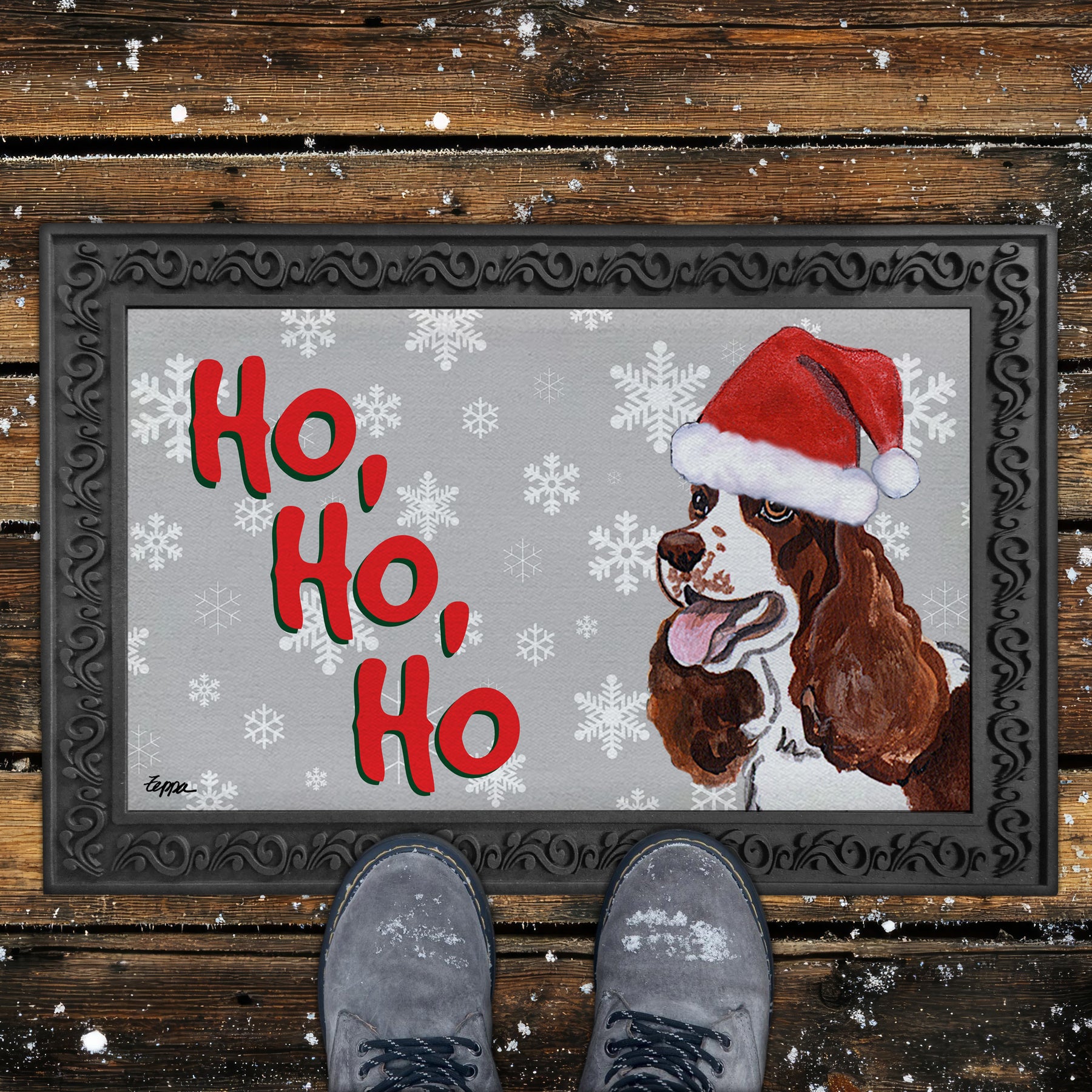 Springer Spaniel Ho Ho Ho Door Mat in Grey