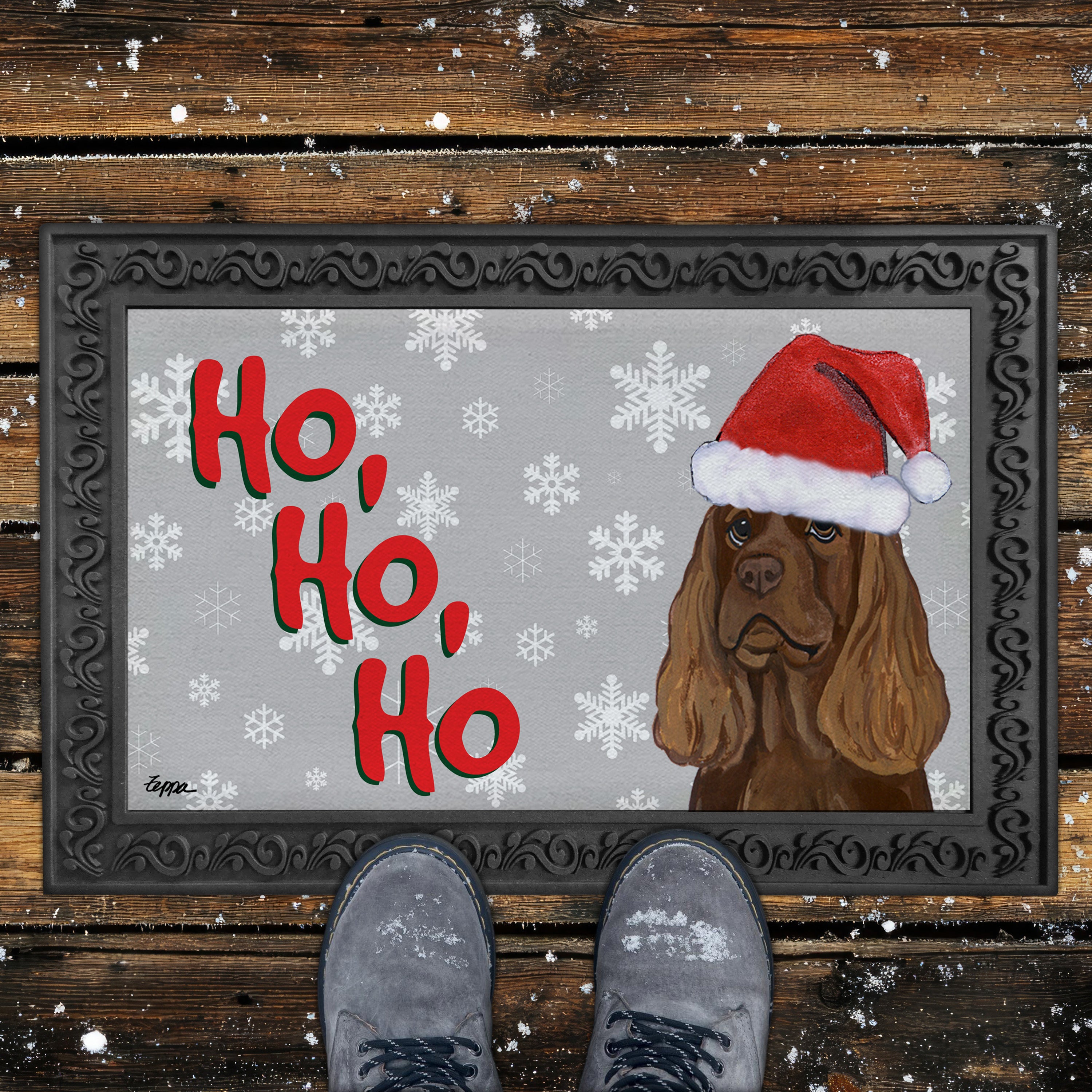Sussex Spaniel Ho Ho Ho Door Mat in Grey
