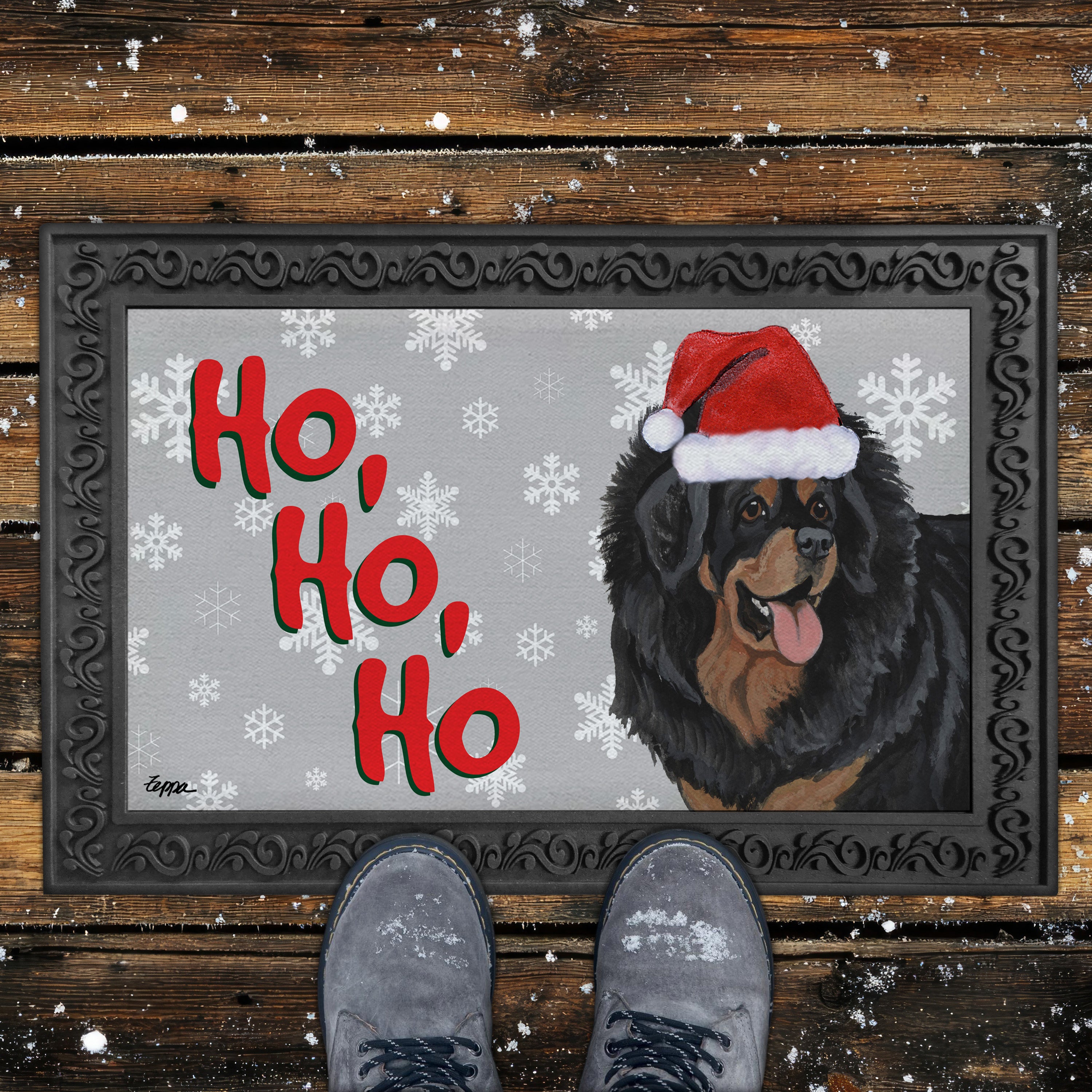 Tibetan Mastiff Ho Ho Ho Door Mat in Grey