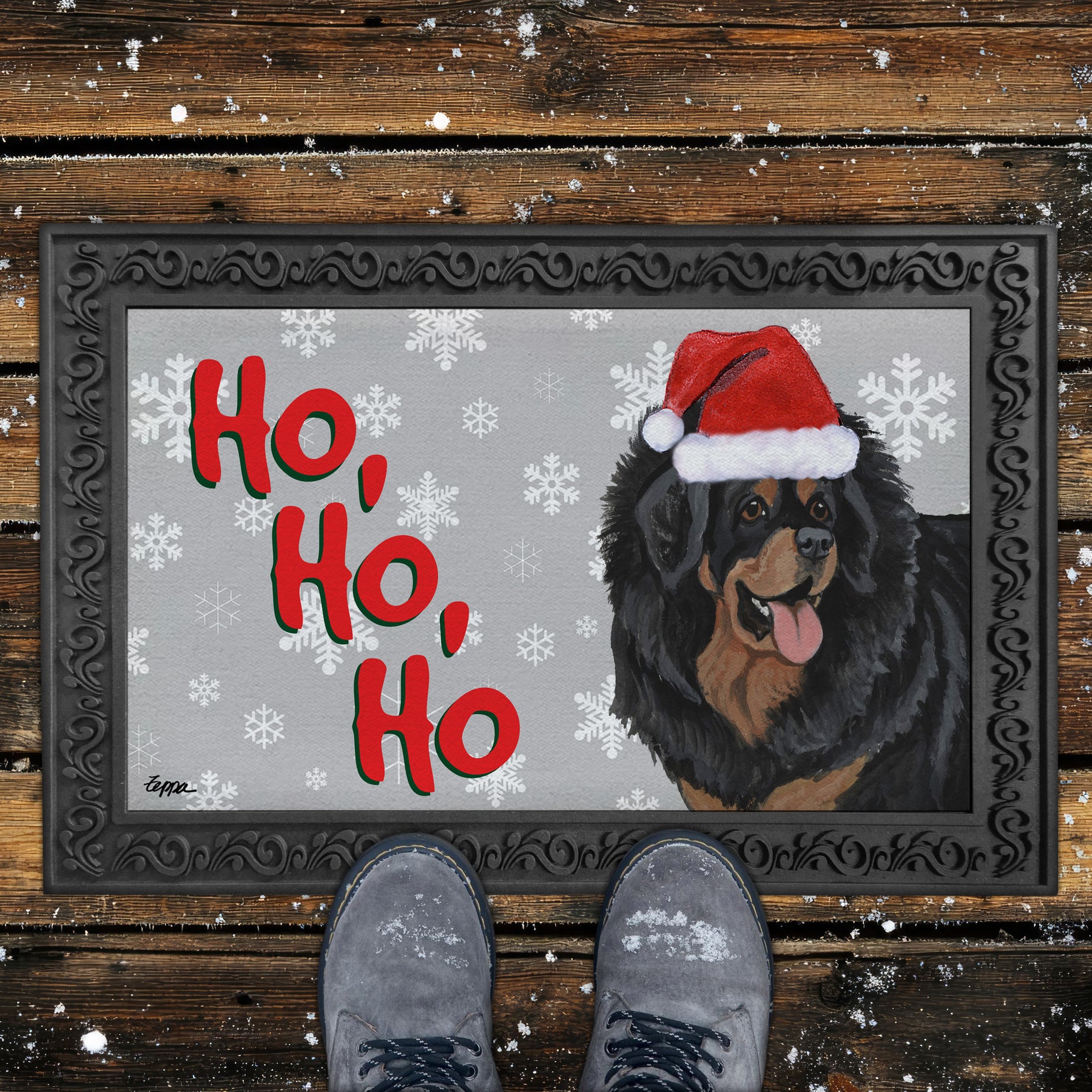 Tibetan Mastiff Ho Ho Ho Door Mat in Grey
