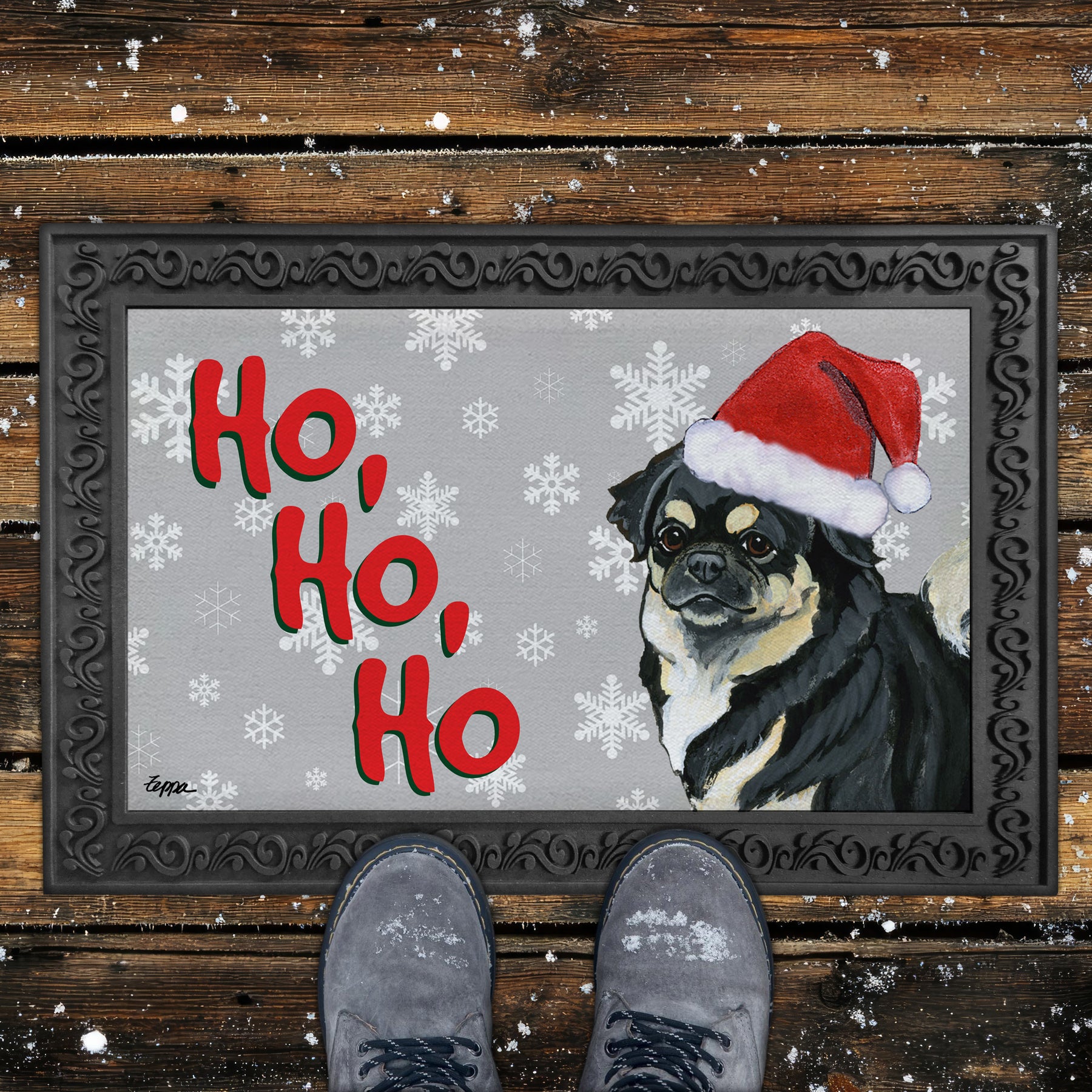 Black and Tan Tibetan Spaniel Ho Ho Ho Door Mat in Grey