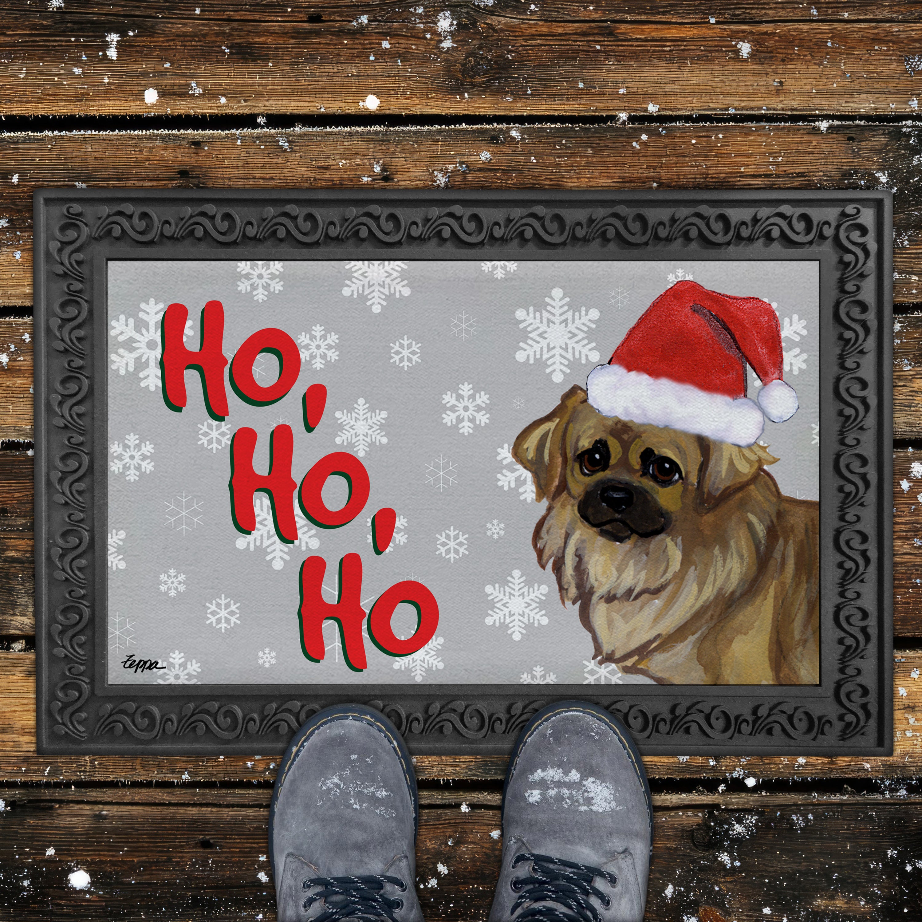 Tibetan Spaniel Ho Ho Ho Door Mat in Grey