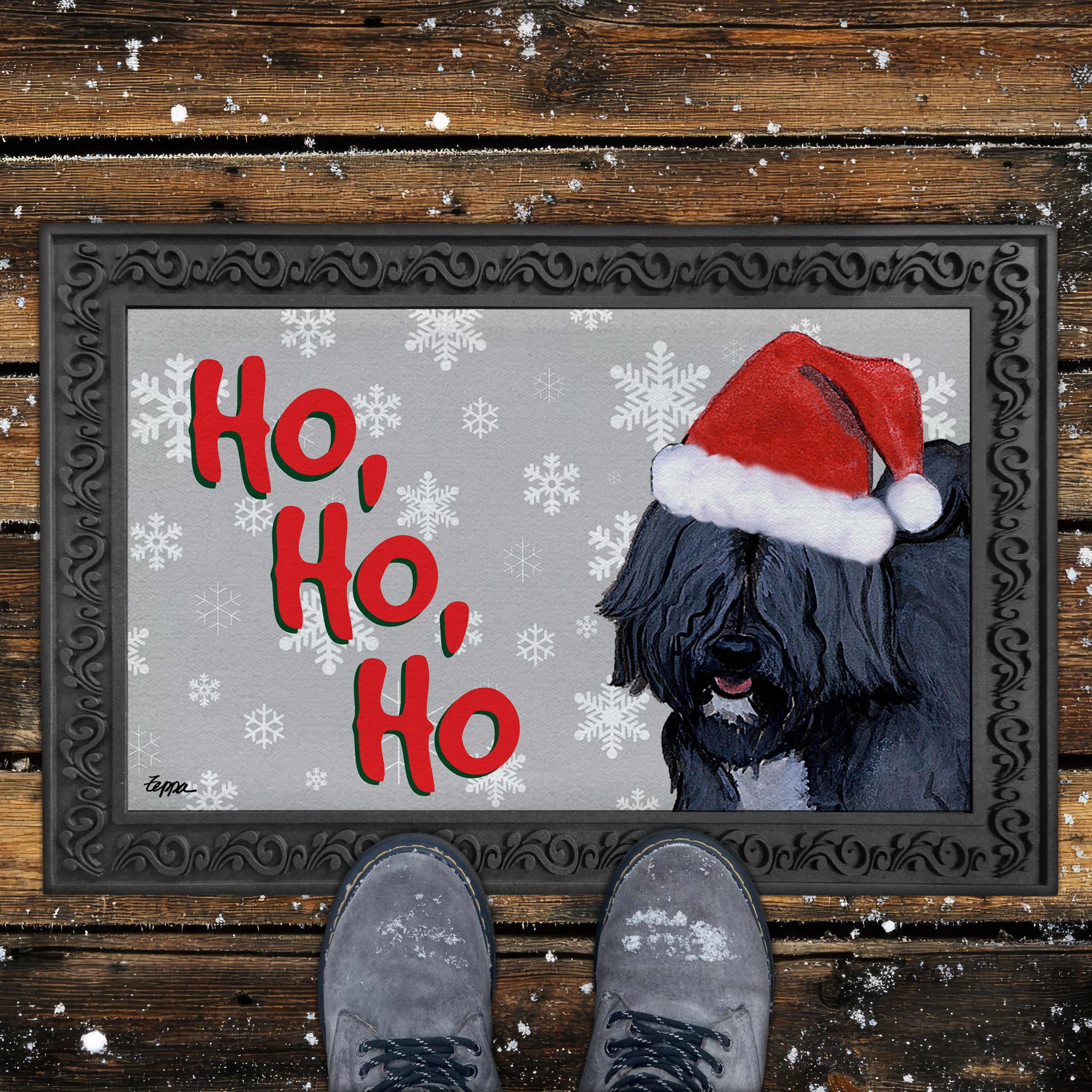 Tibetan Terrier Ho Ho Ho Door Mat in Grey