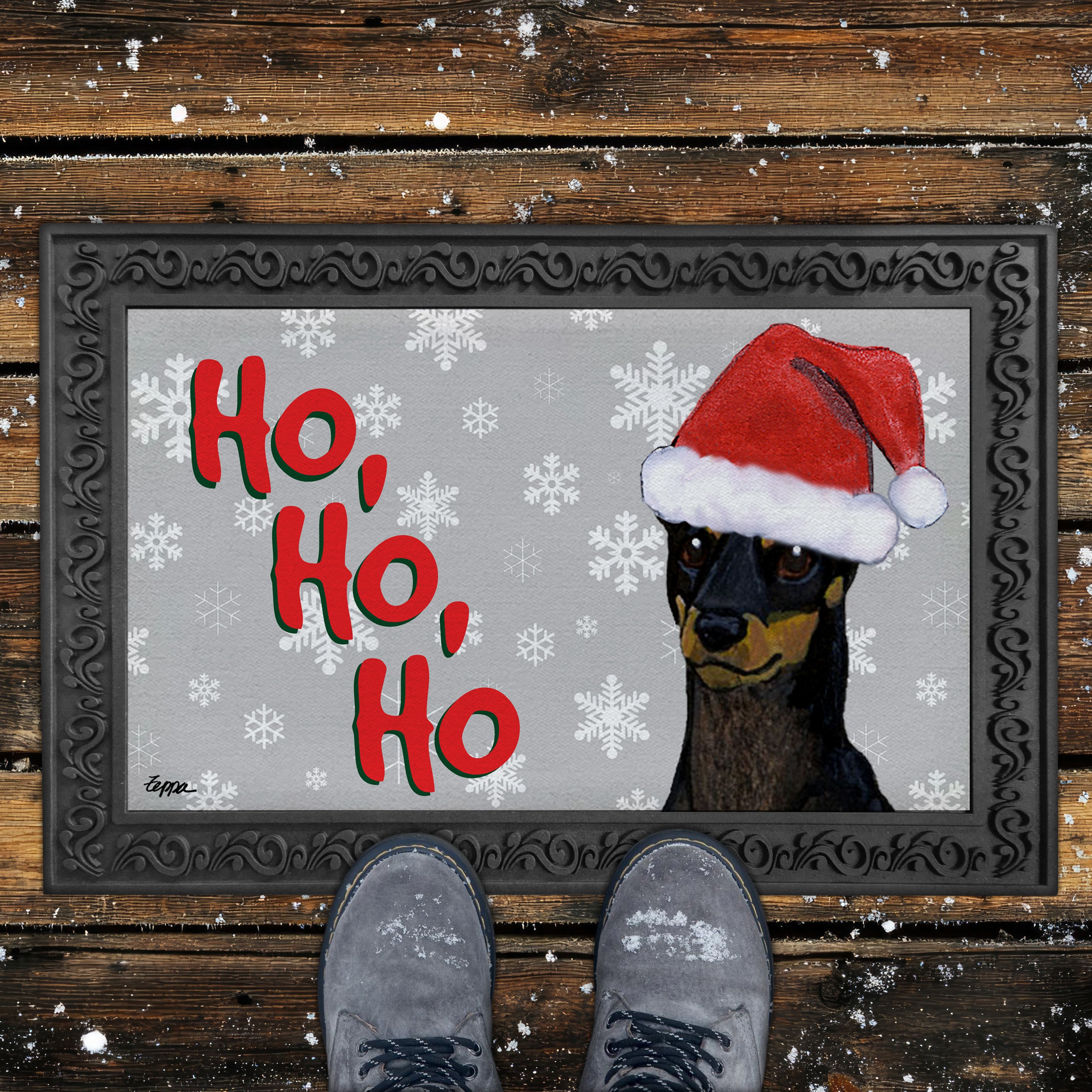 Toy Manchester Terrier Ho Ho Ho Door Mat in Grey
