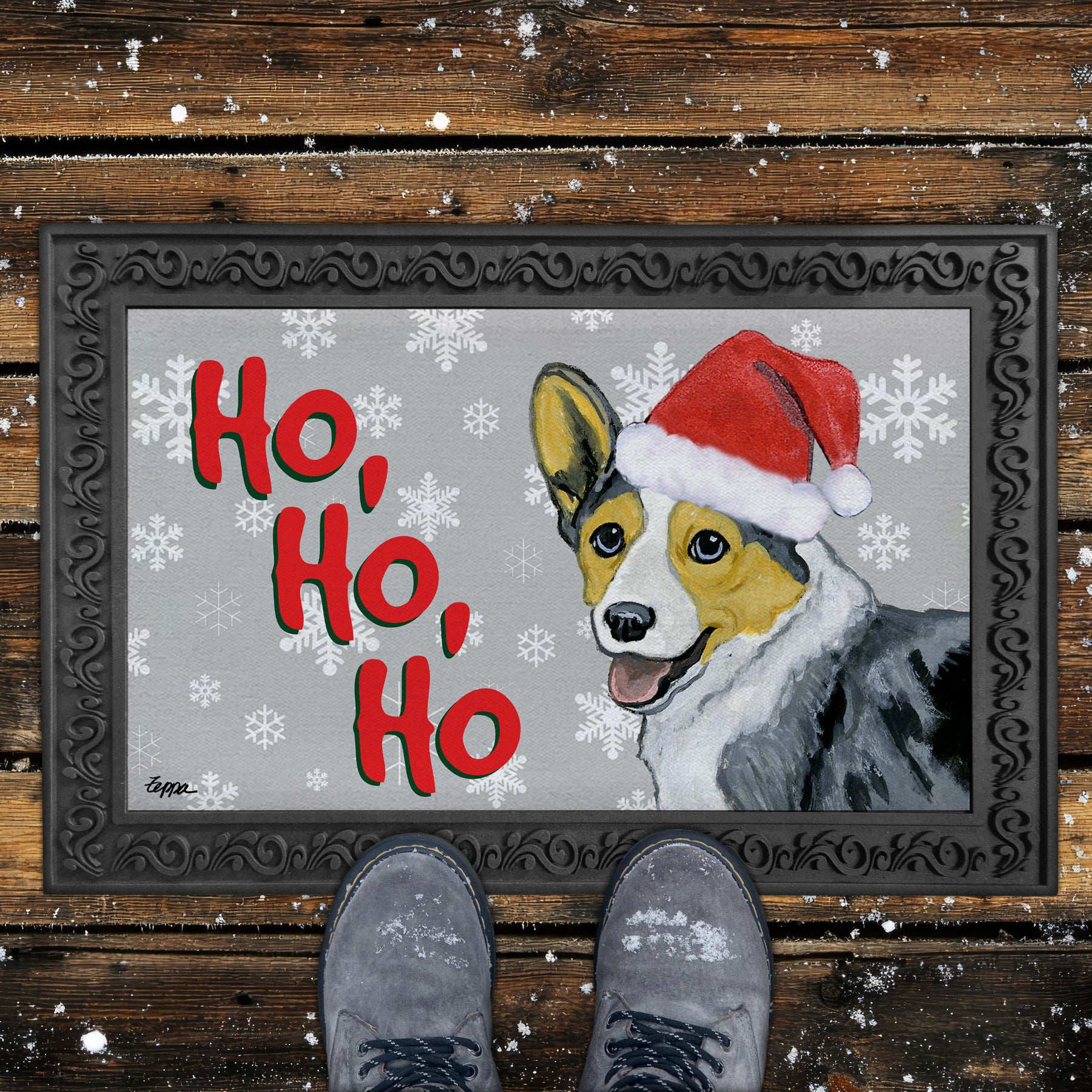 Blue Merle Cardigan Welsh Corgi Ho Ho HO Door Mat in Grey