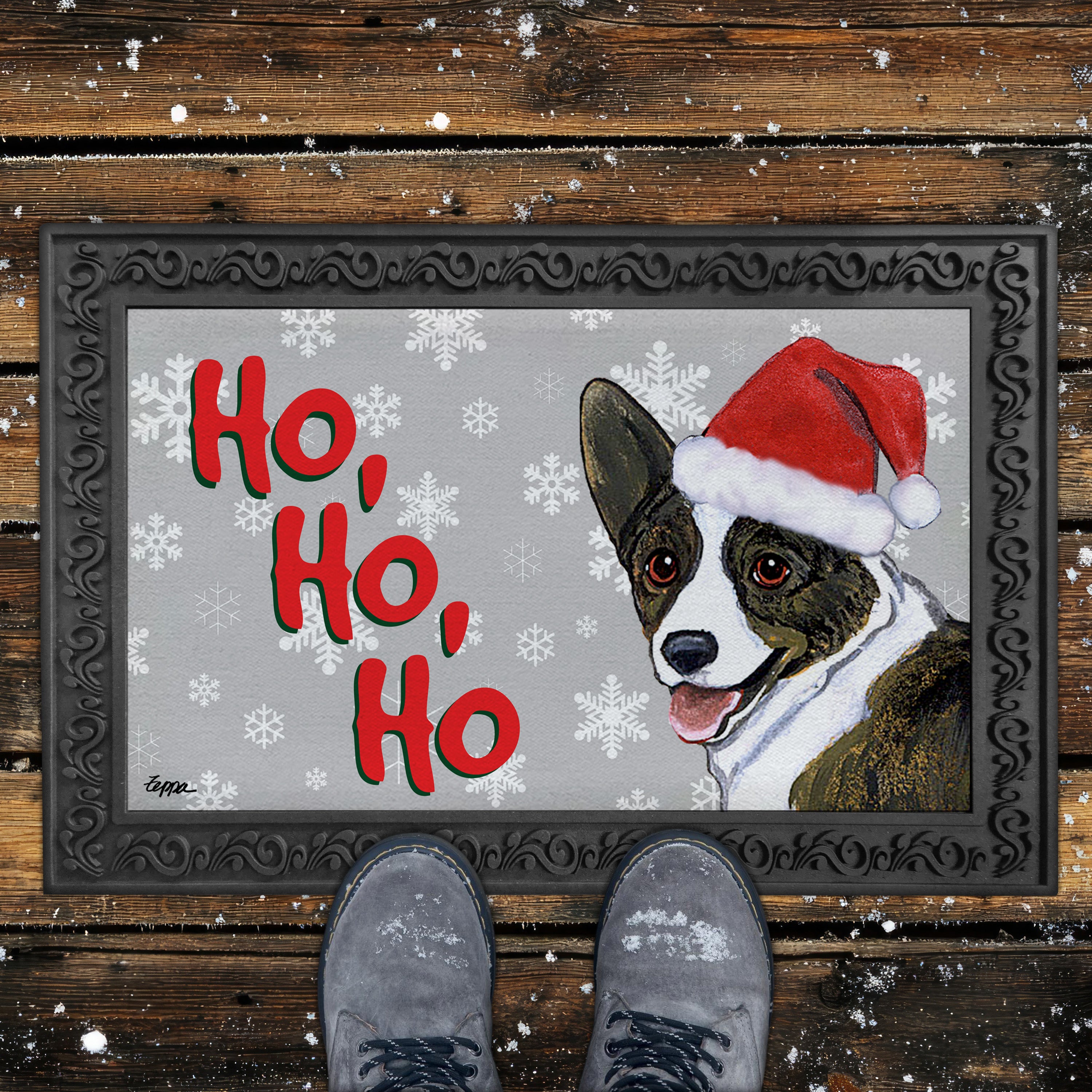 Cardigan Welsh Corgi Ho Ho Ho Door Mat in Grey