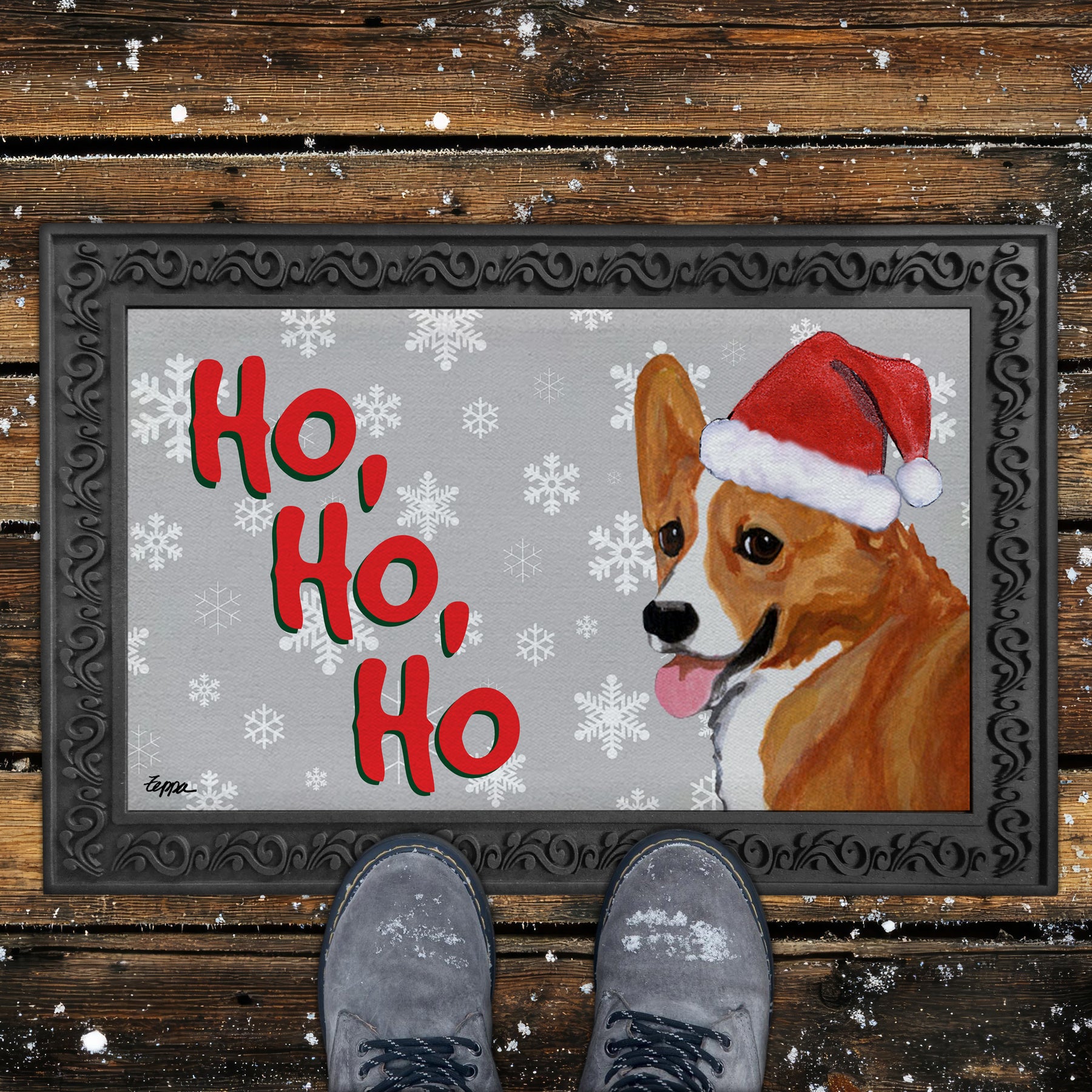Red and White Pembroke Welsh Corgi Ho Ho Ho Door Mat in Grey