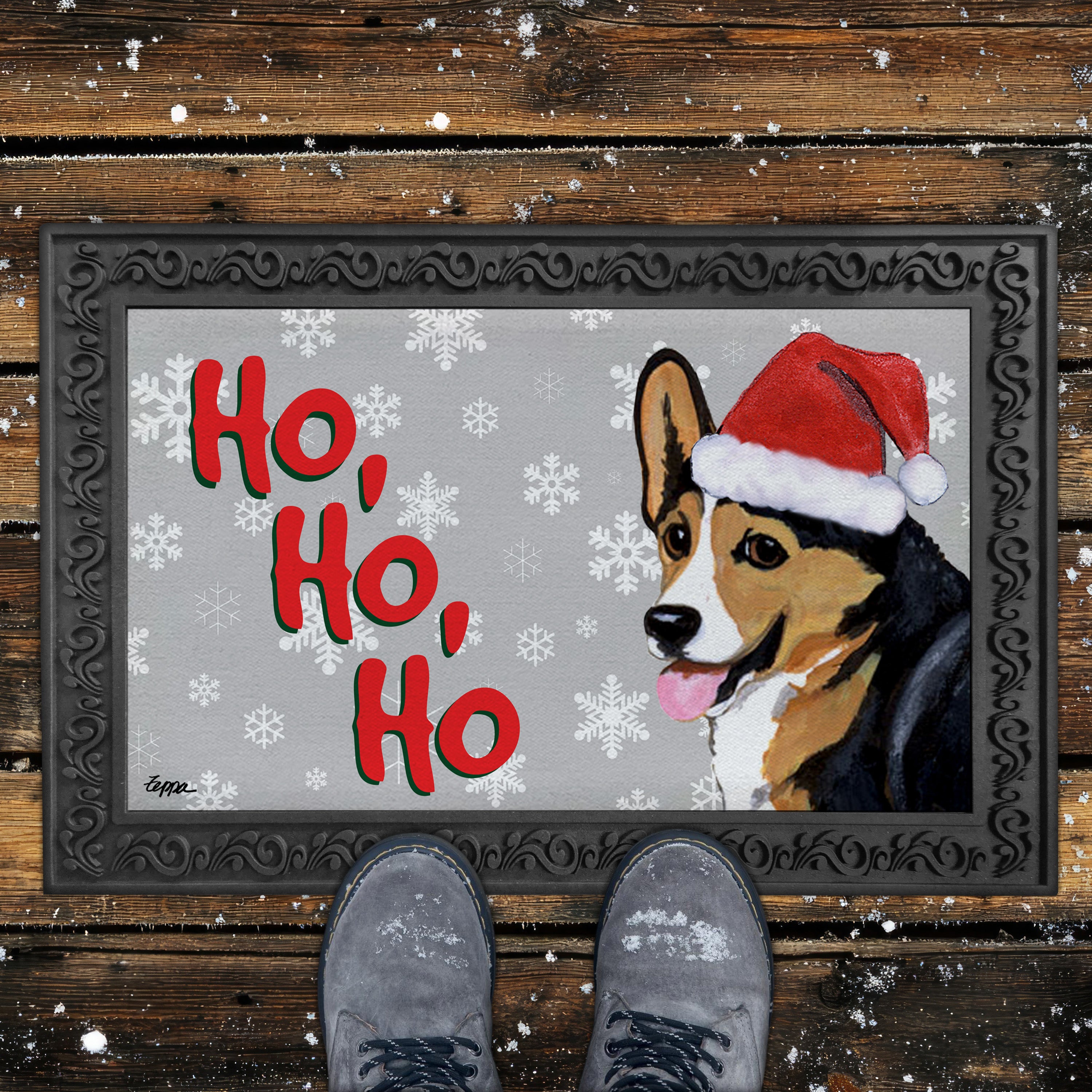 Tri Pembroke Welsh Corgi Ho Ho Ho Door Mat in Grey