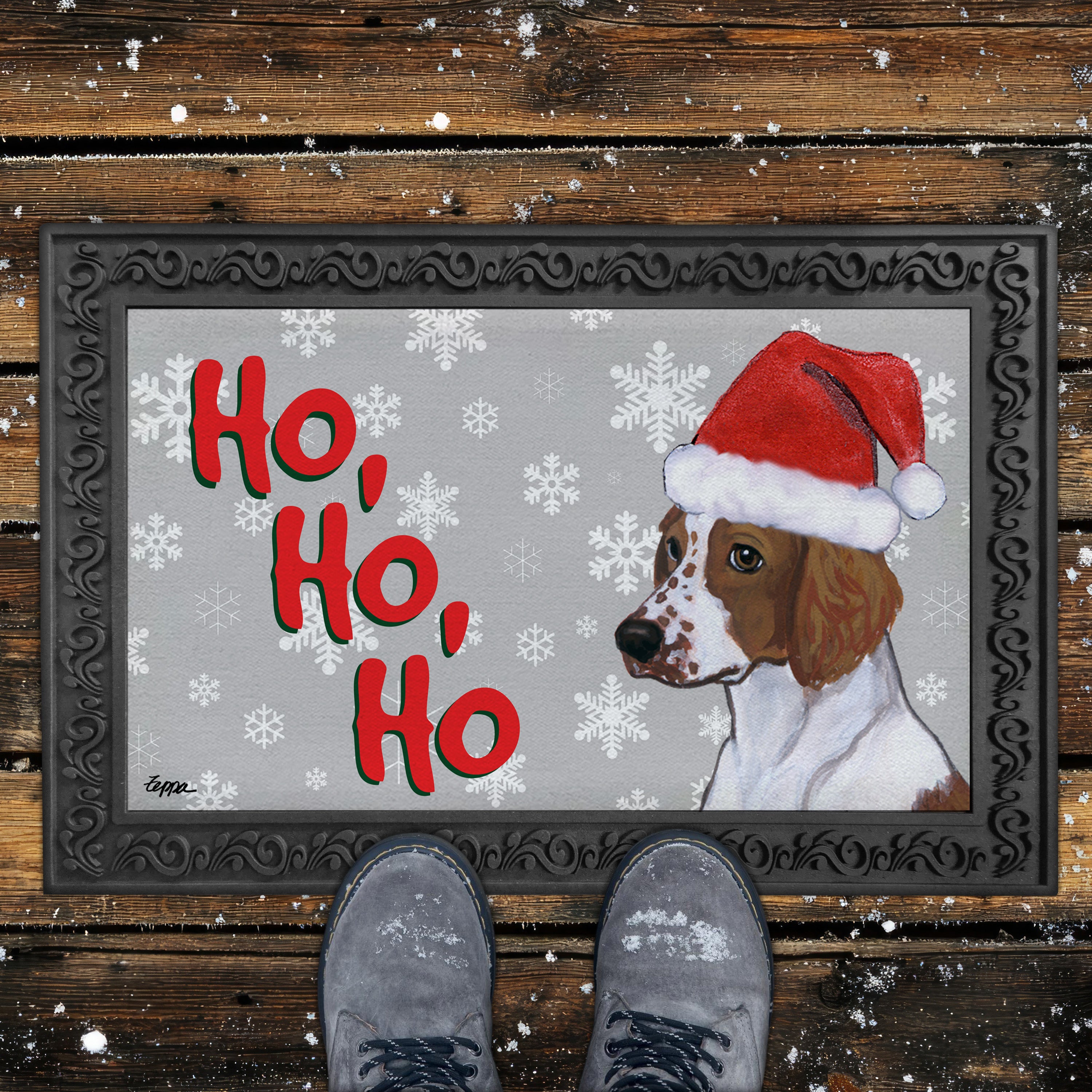 Welsh Springer Spaniel Ho Ho Ho Door Mat in Grey