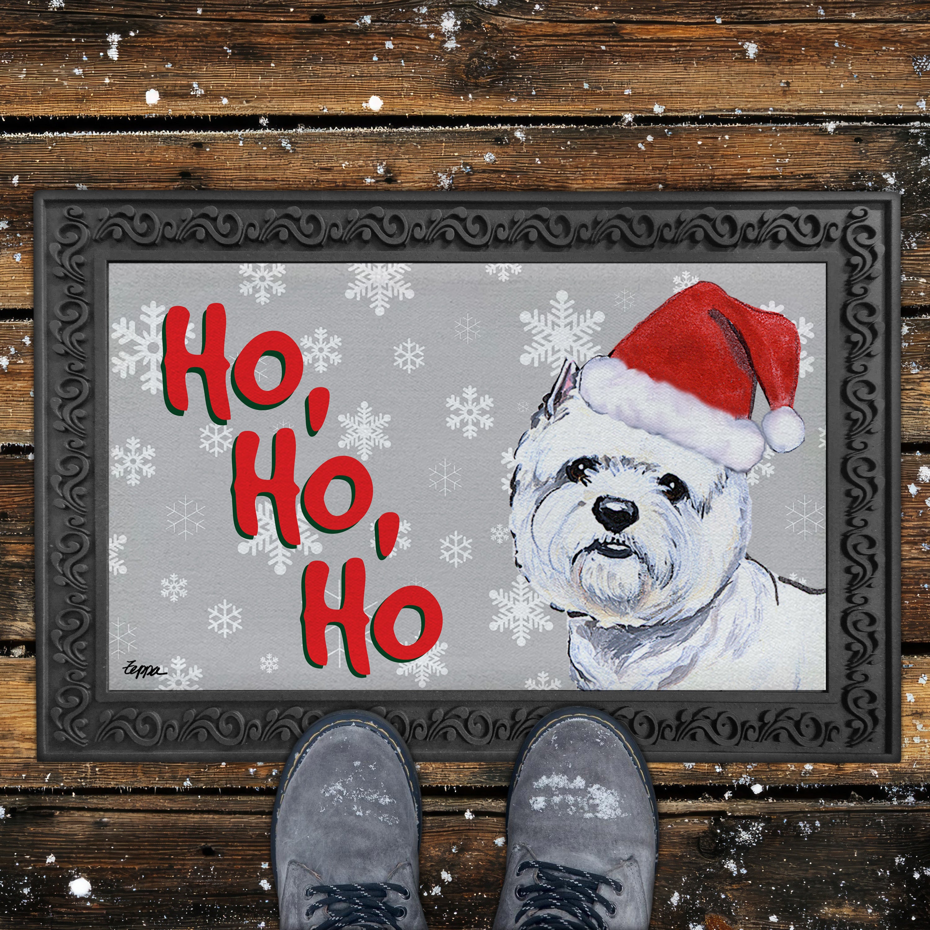 West Highland White Terrier Ho Ho Ho Door Mat in Grey