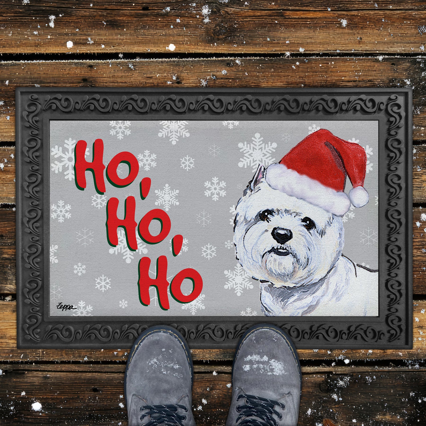 West Highland White Terrier Ho Ho Ho Door Mat in Grey