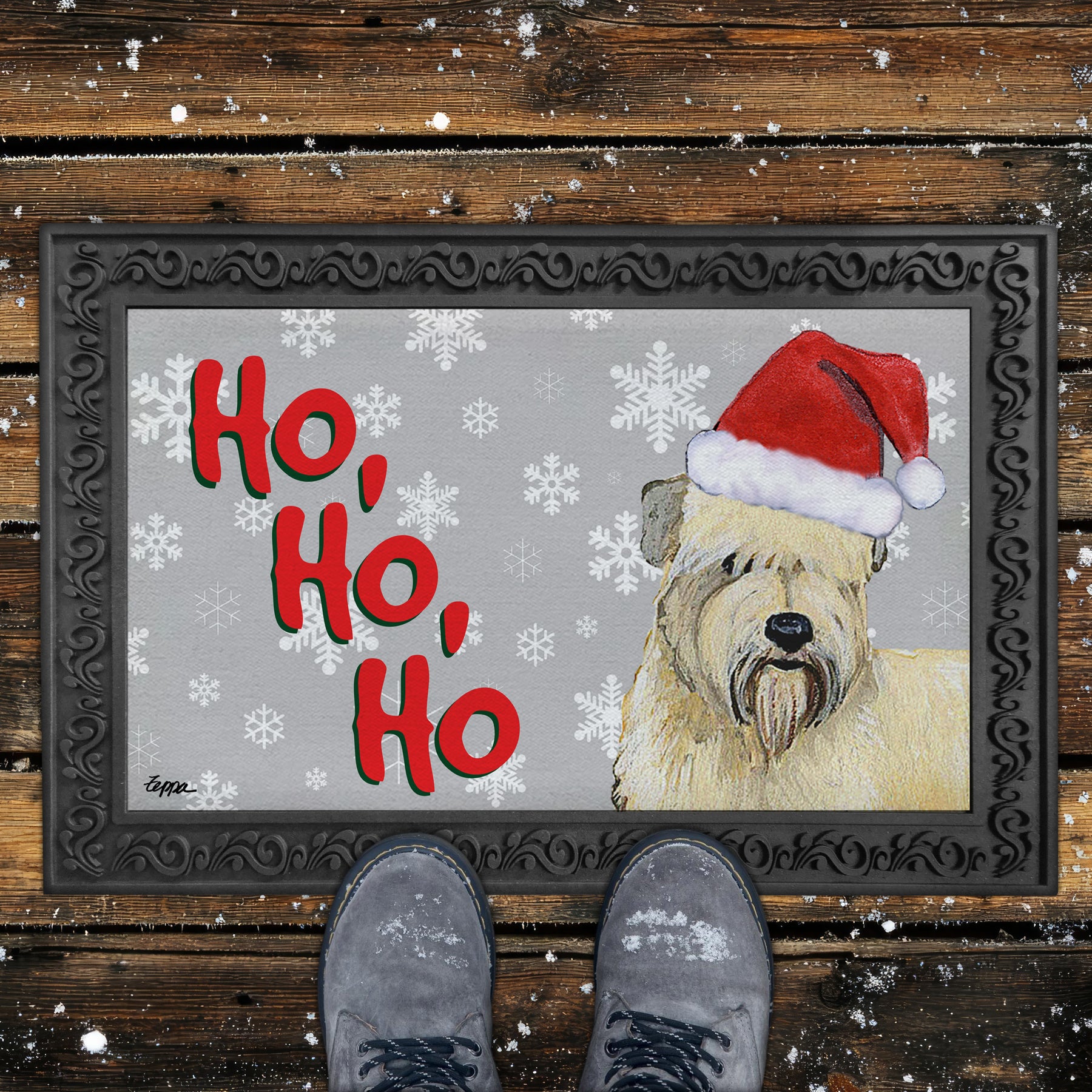 Wheaten Terrier Ho Ho Ho Door Mat in Grey