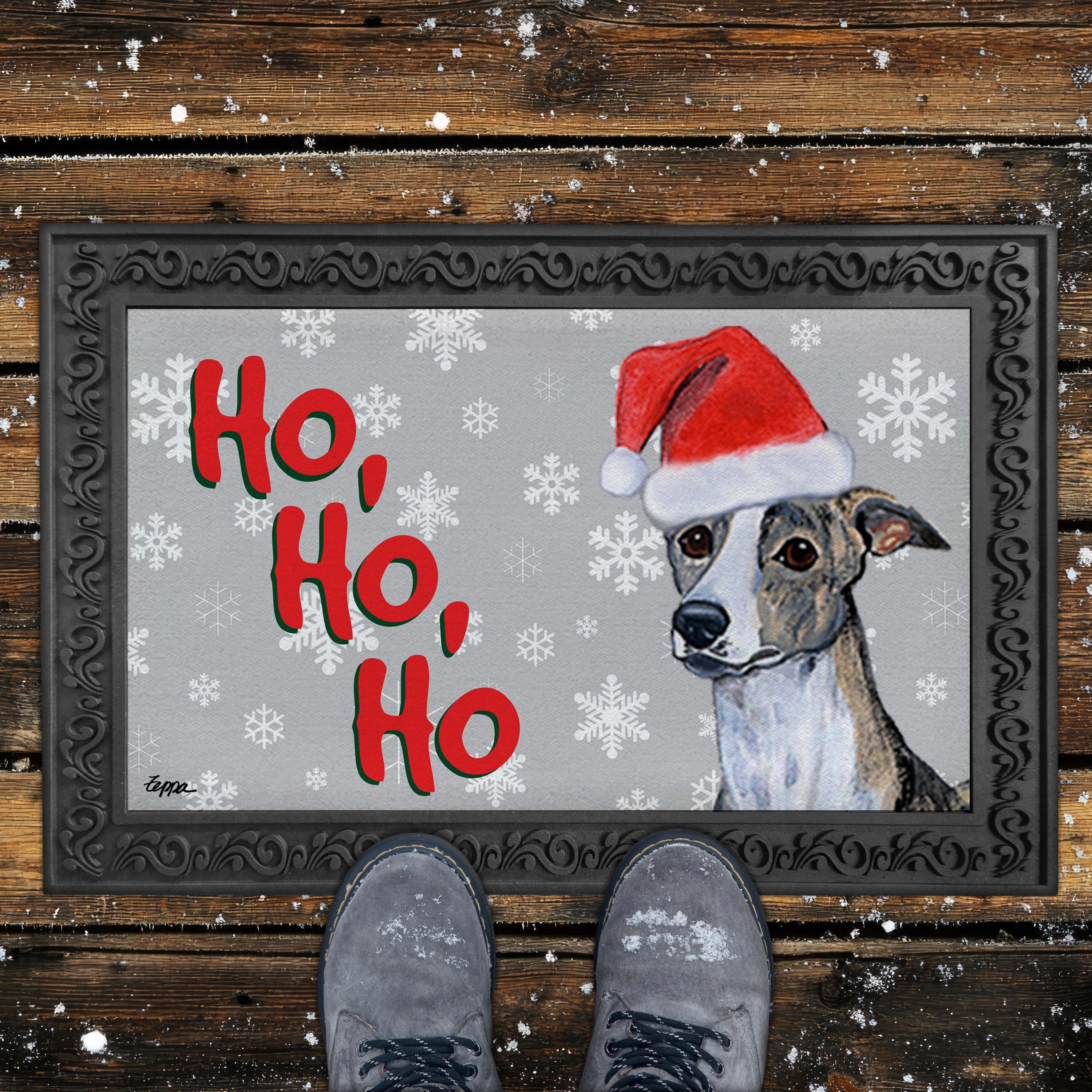 Whippet Ho Ho Ho Door Mat in Grey