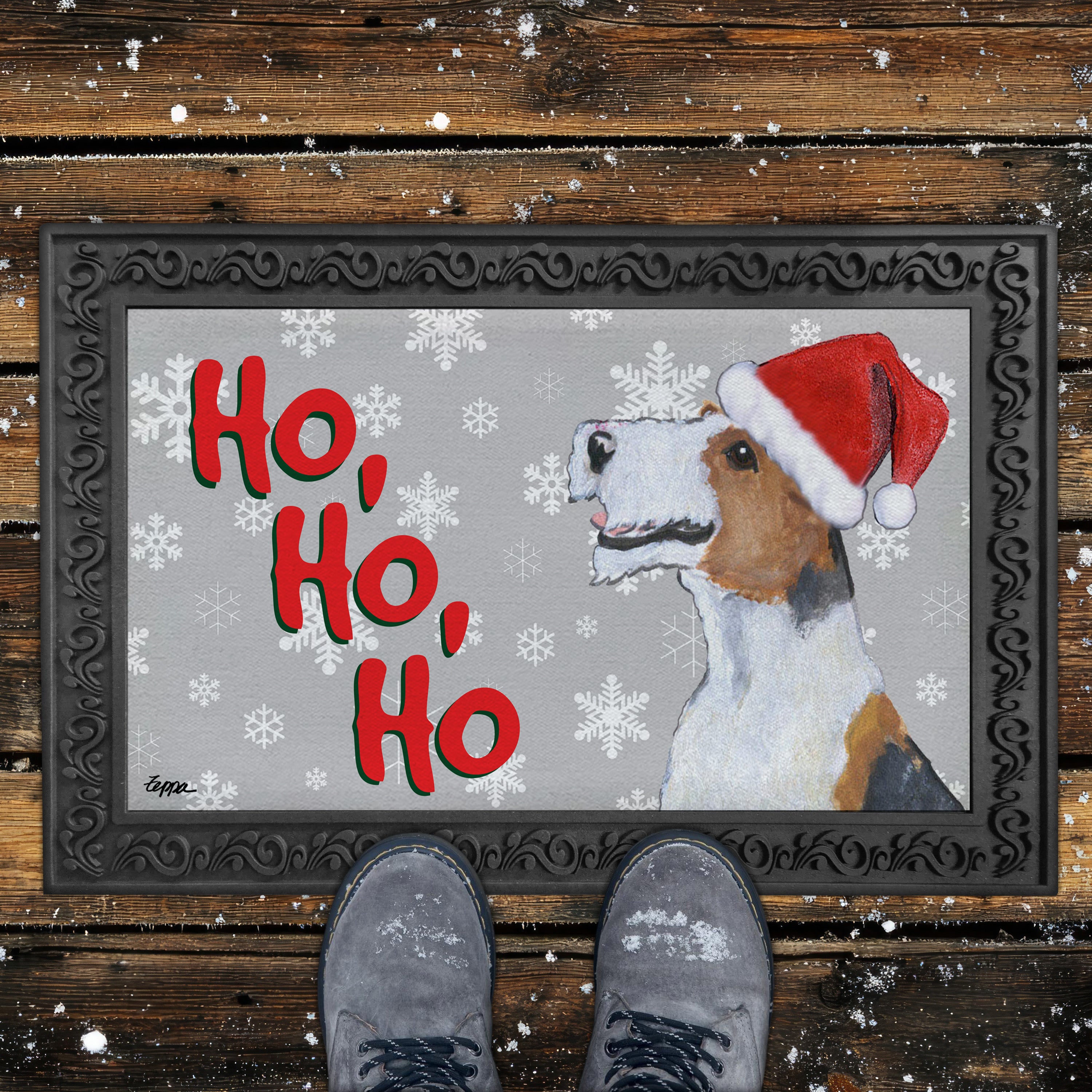 Wire Fox Terrier Ho Ho Ho Door Mat in Grey