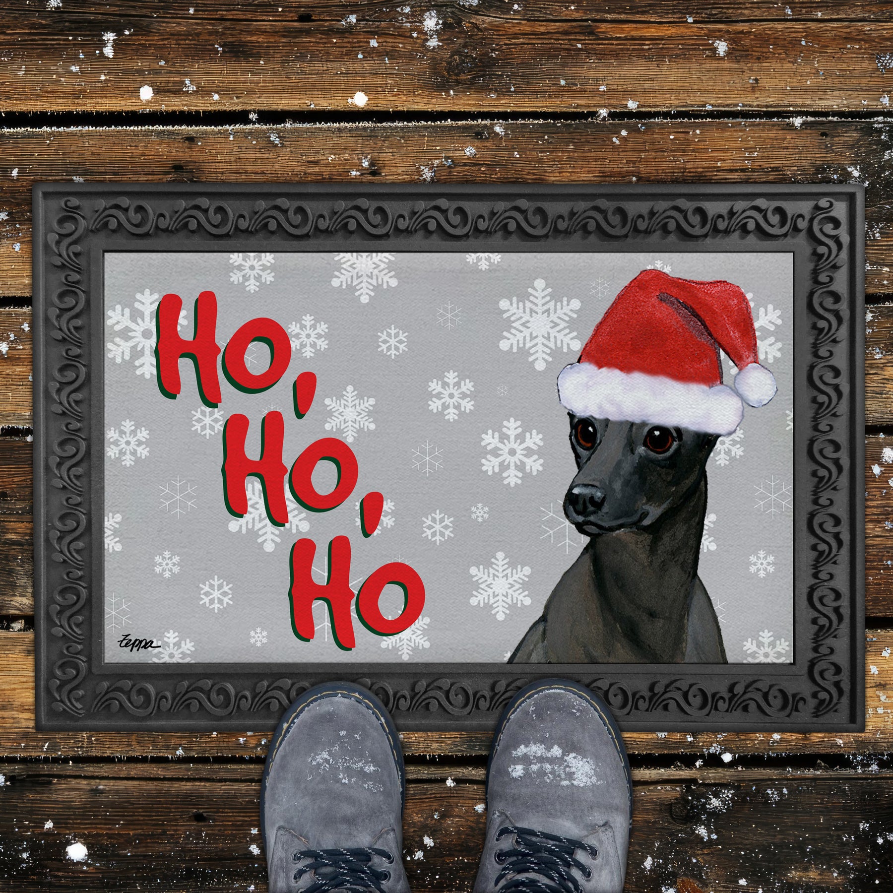 Xoloitzcuintli Ho Ho Ho Door Mat in Grey