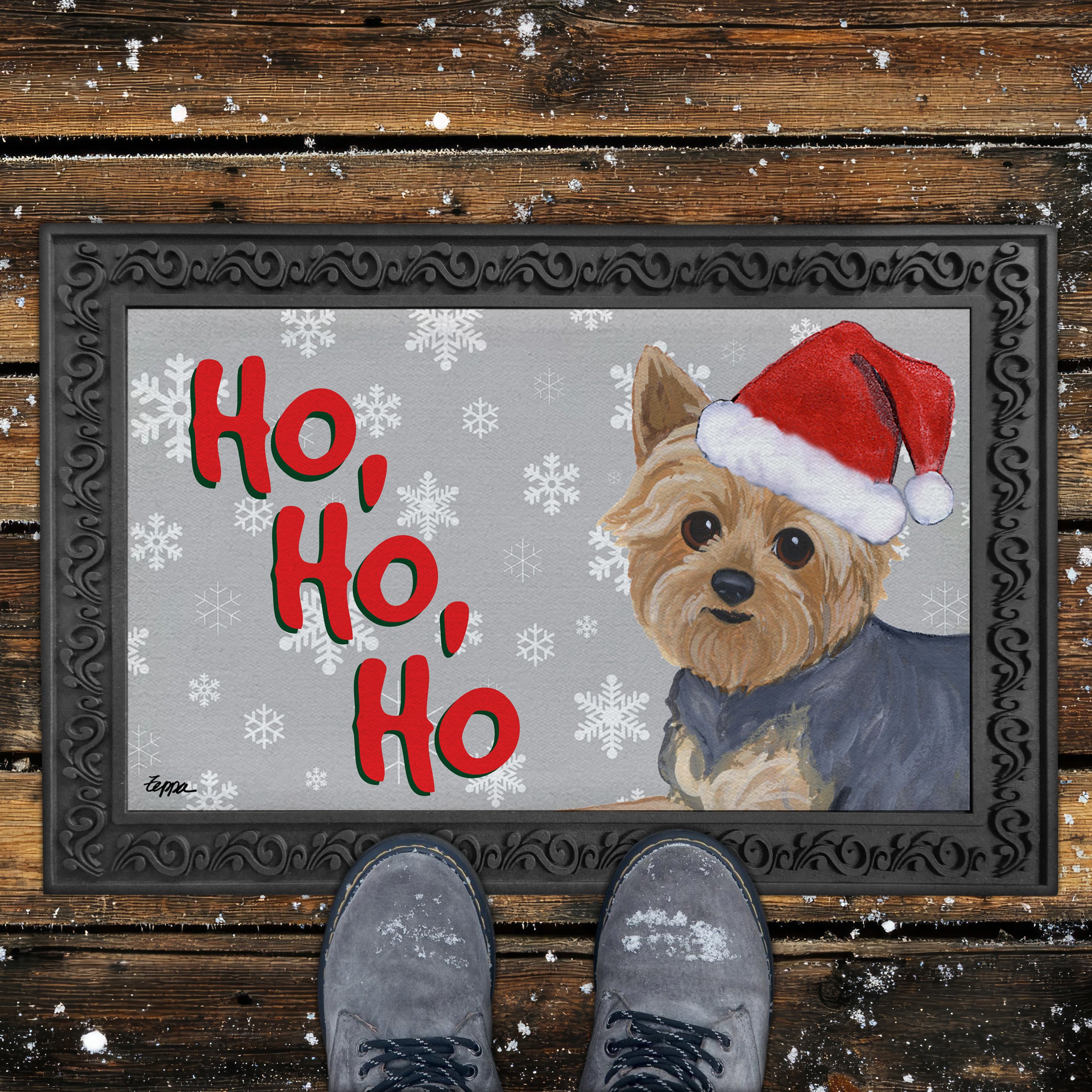 Yorkie Puppy Clip Ho Ho Ho Door Mat in Grey