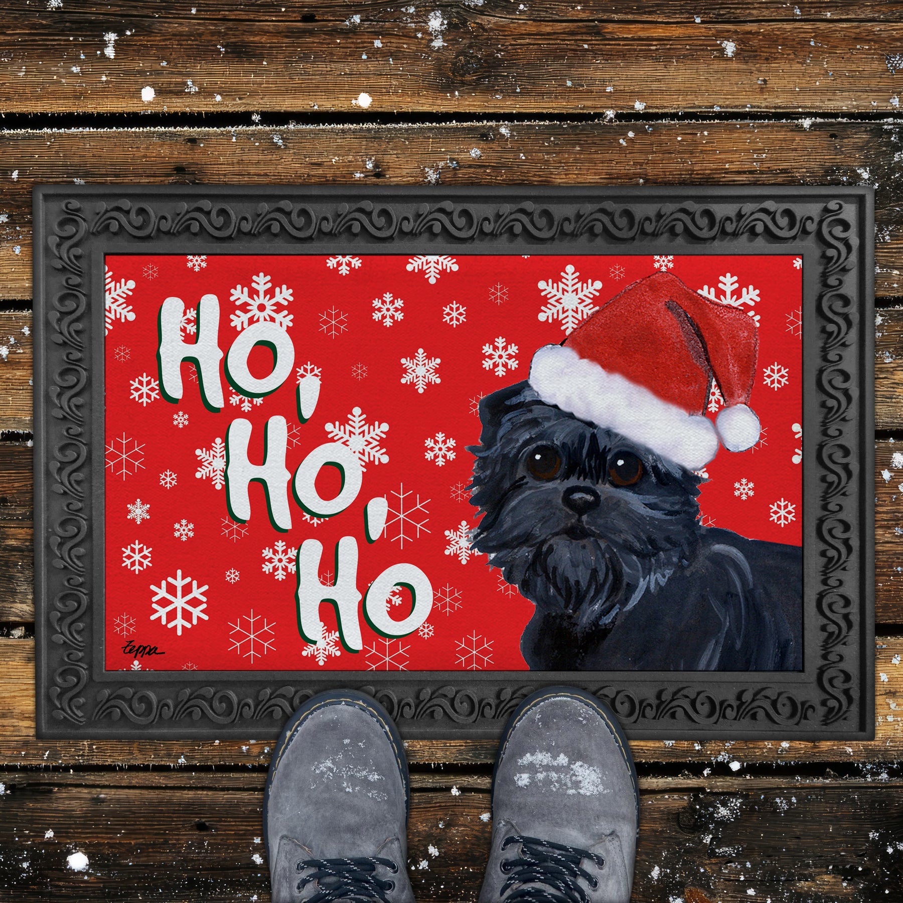 Affenpinscher Ho Ho Ho Door Mat in Red