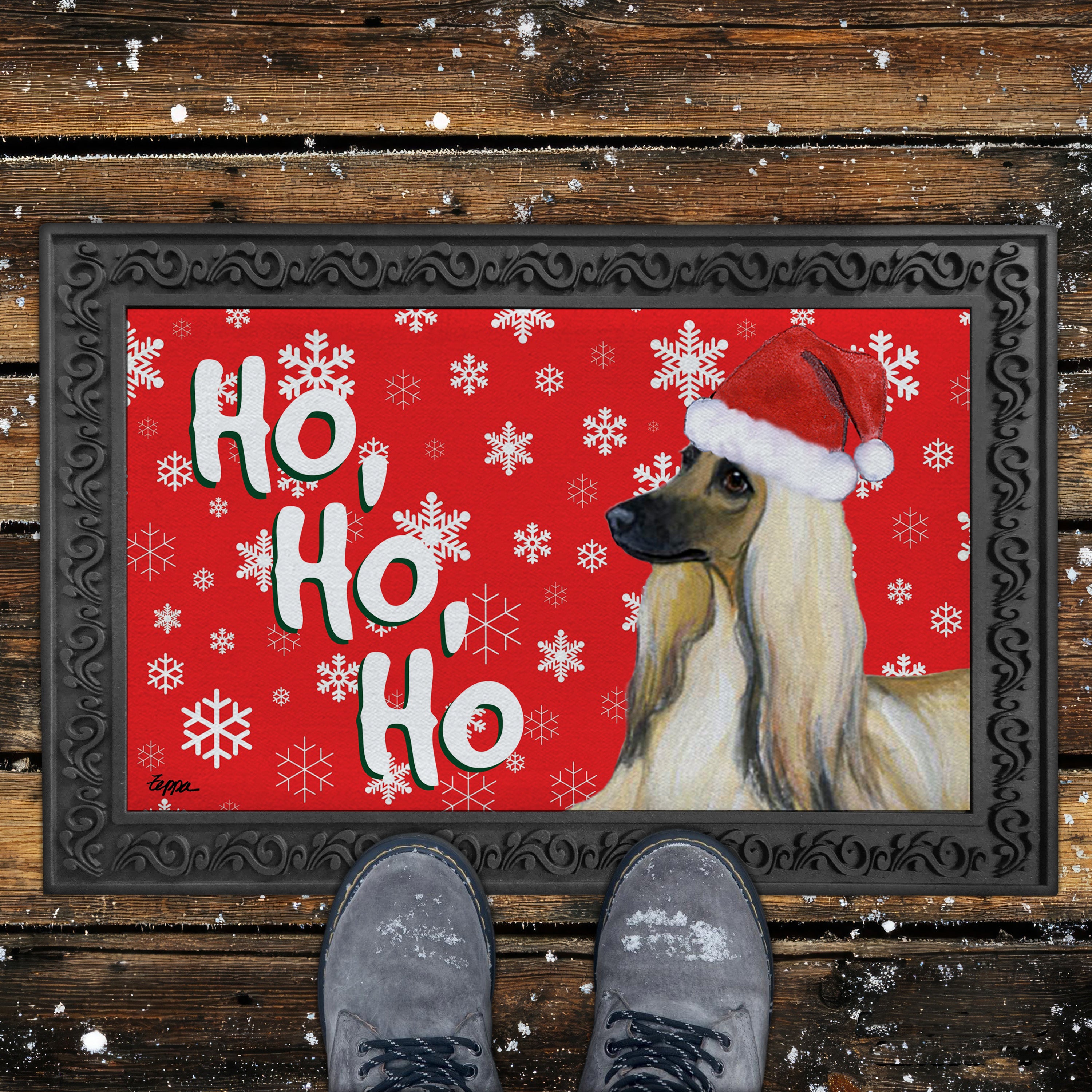 Afghan Hound Ho Ho Ho Door Mat in Red