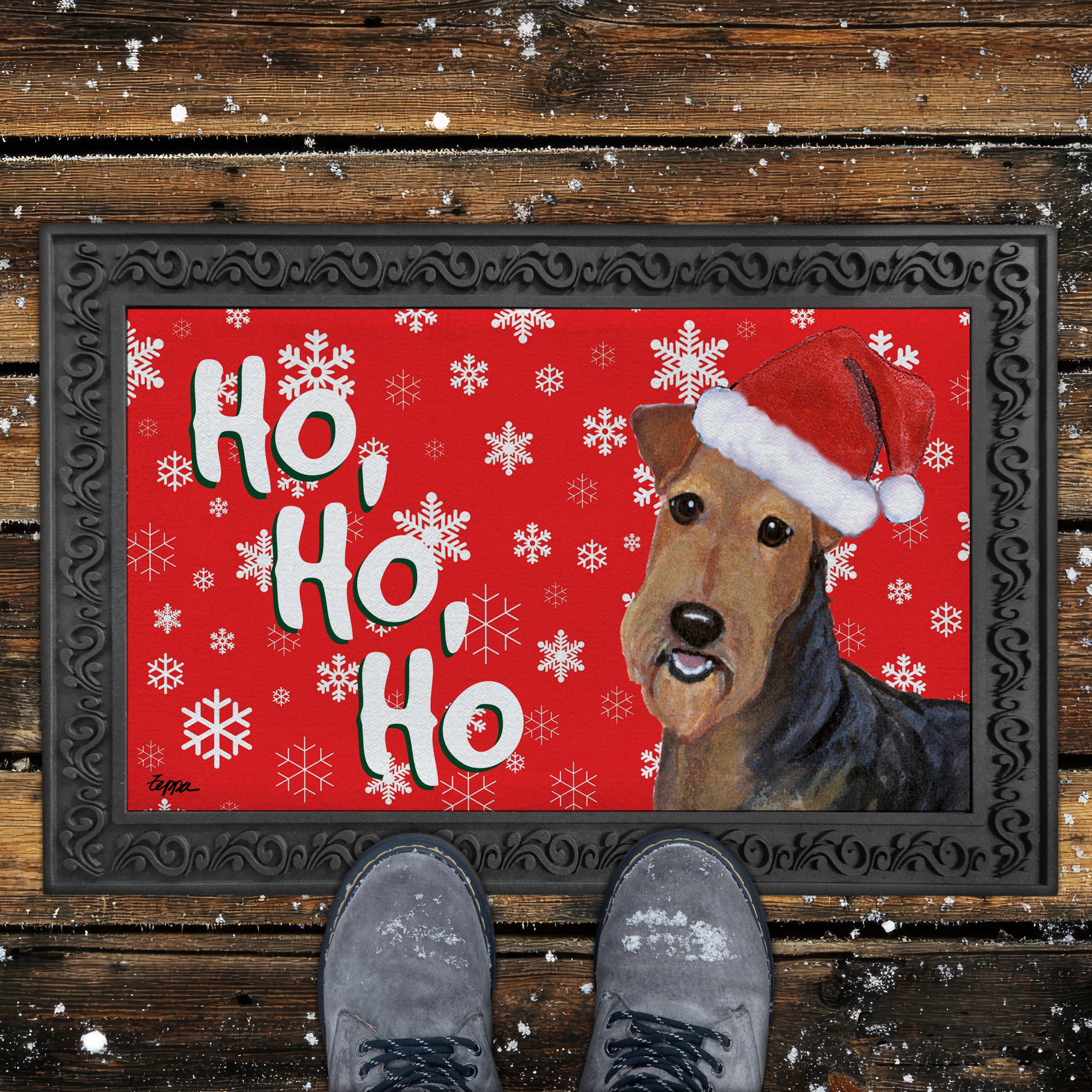 Airedale Terrier Ho Ho Ho Door Mat in Red
