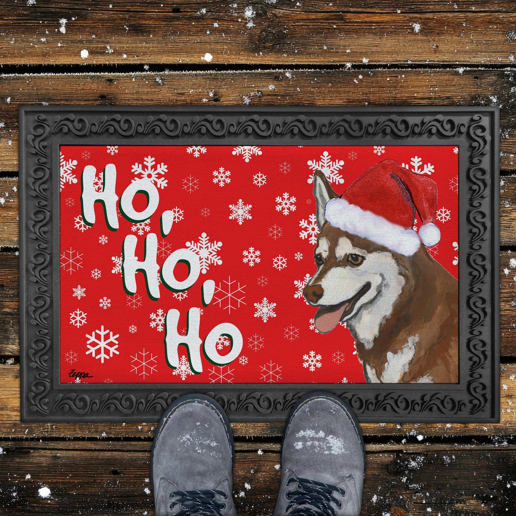 Alaska Klee Kai Ho Ho Ho Door Mat in Red