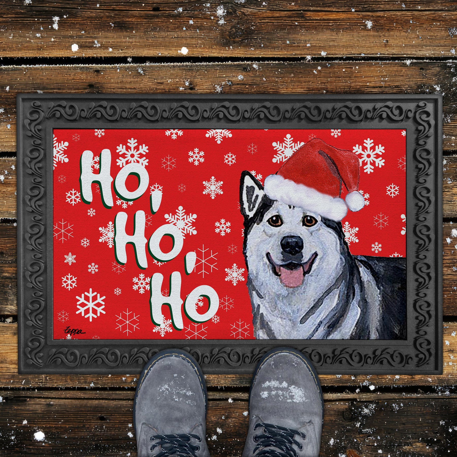 Alaskan Malamute Ho Ho Ho Door Mat in Red