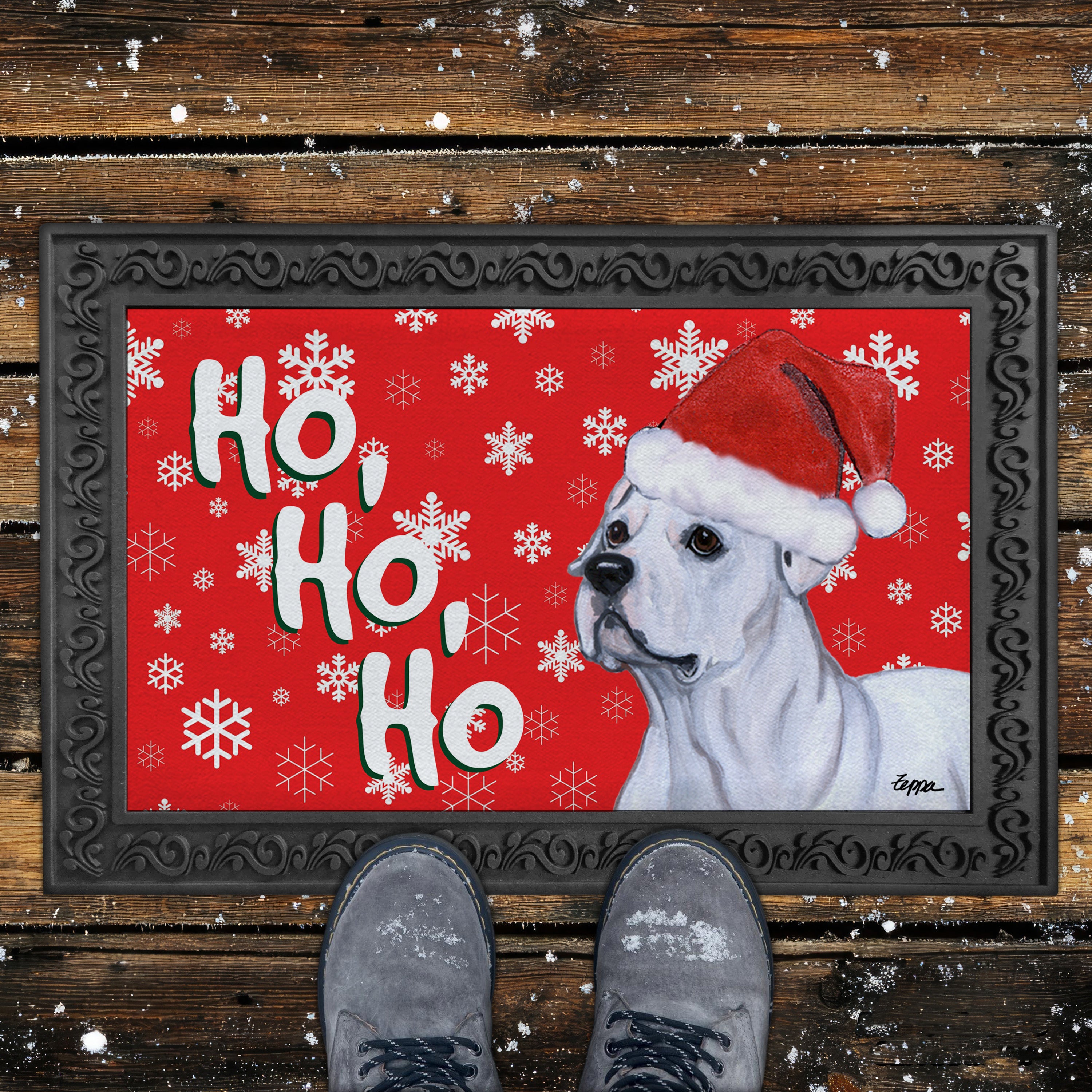 American Bulldog Ho Ho Ho Door Mat in Red