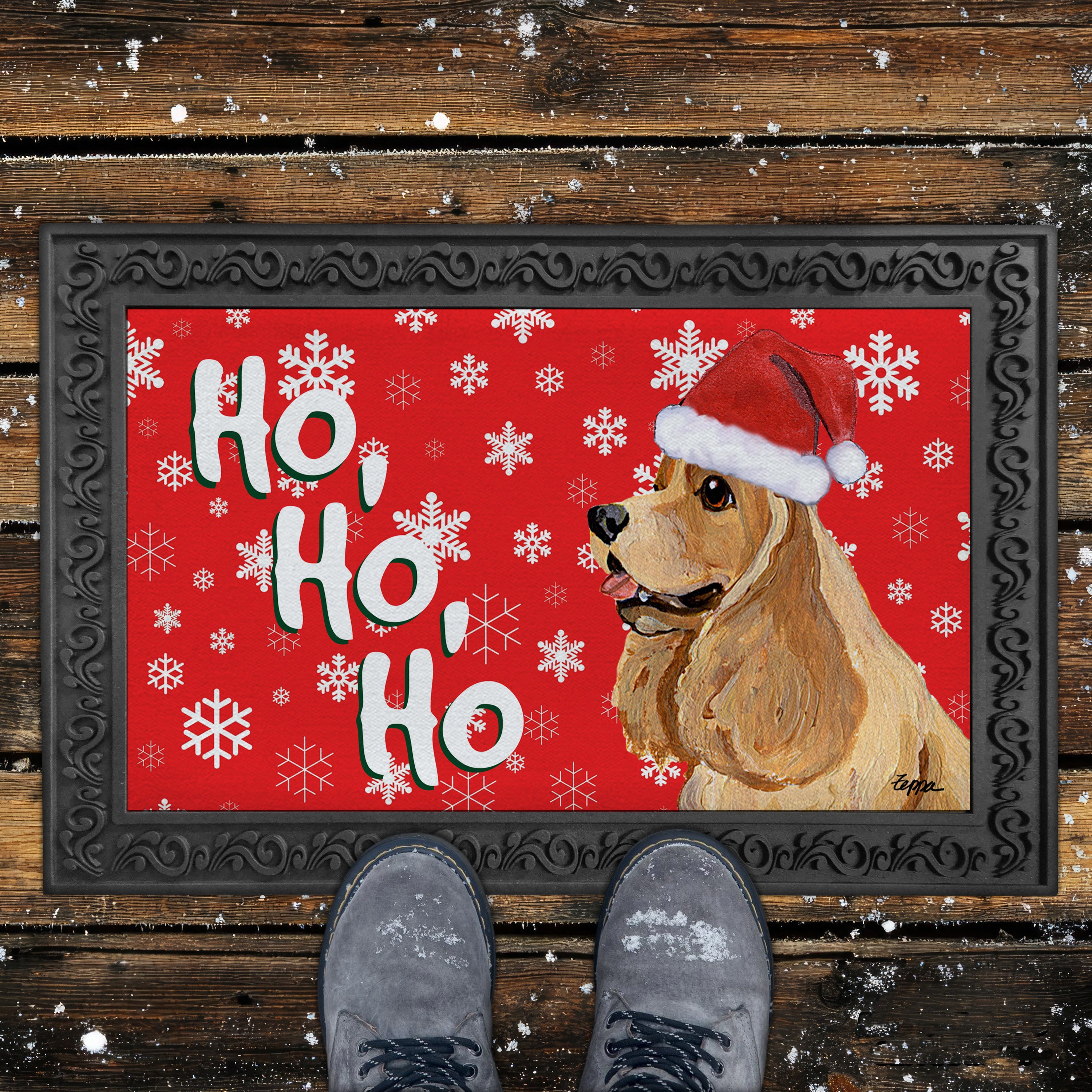 American Cocker Ho Ho Ho Door Mat in Red