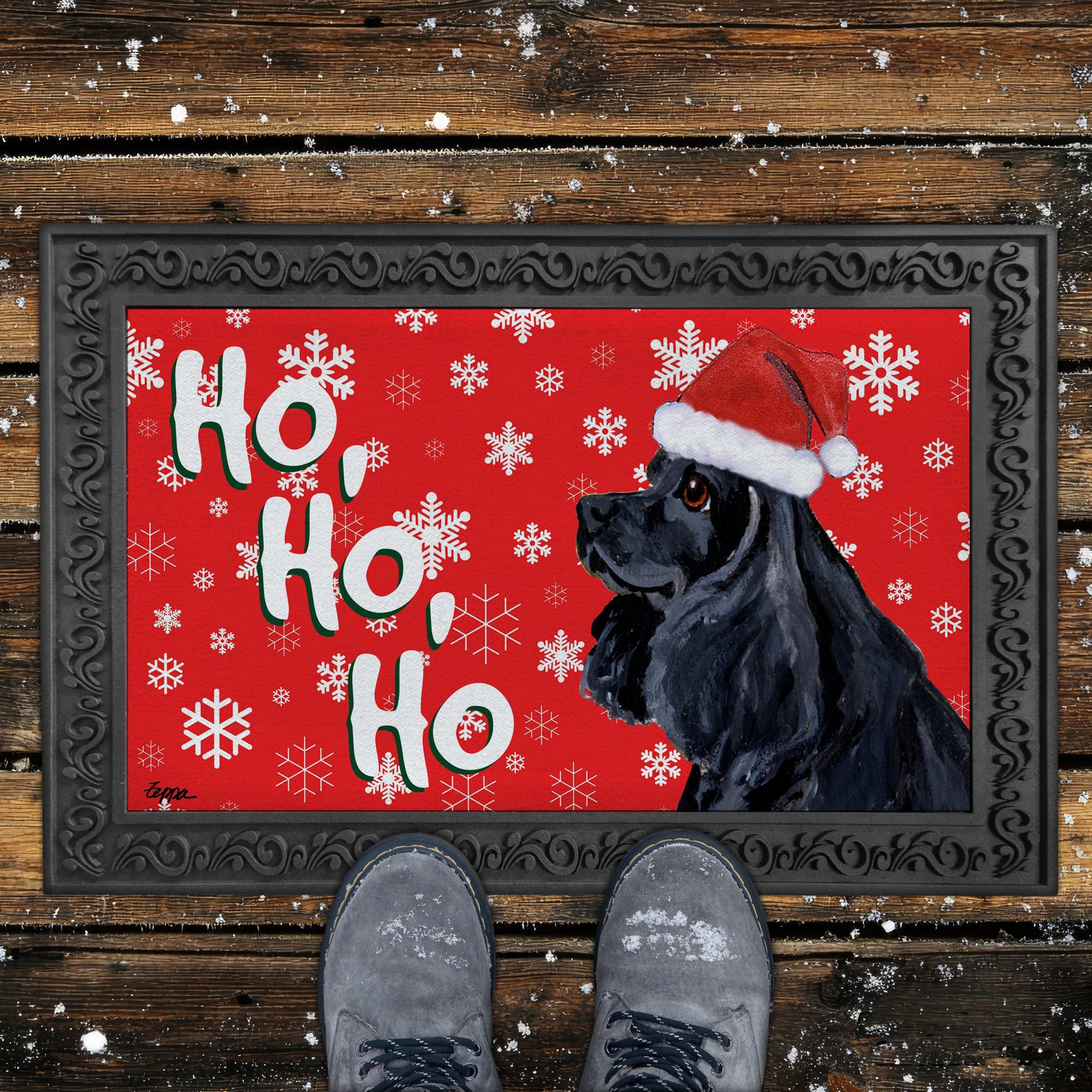 Black American Cocker Ho Ho Ho Door Mat in Red