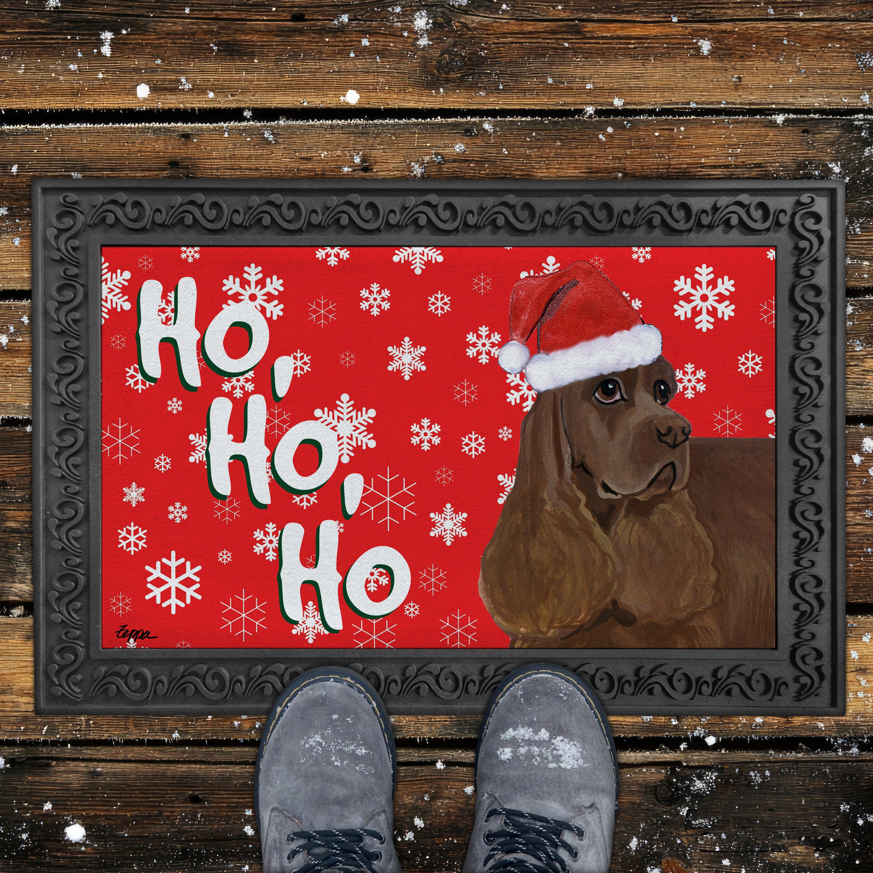 Chocolate American Cocker Ho Ho Ho Door Mat in Red