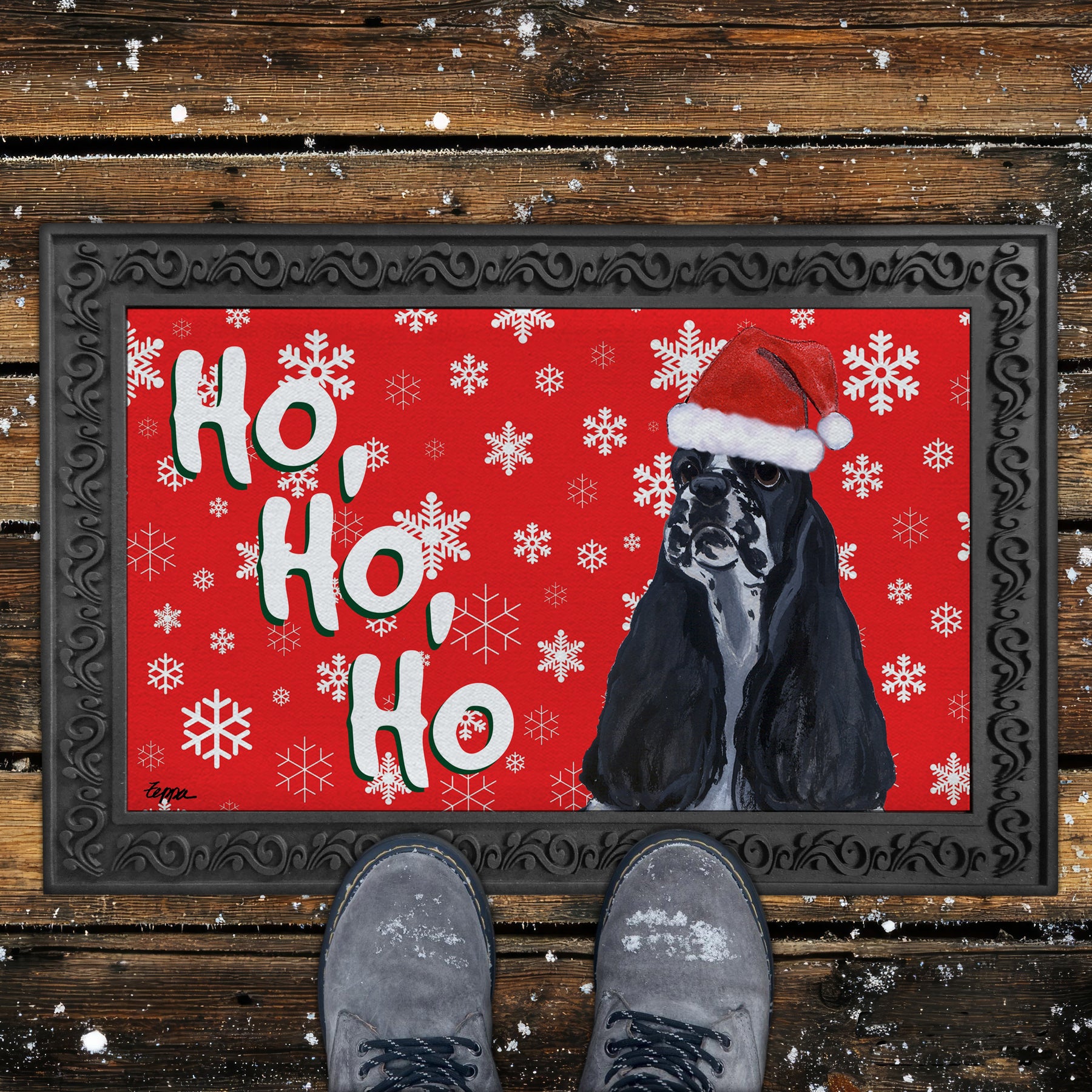 Black and White American Cocker Ho Ho Ho Door Mat in Red