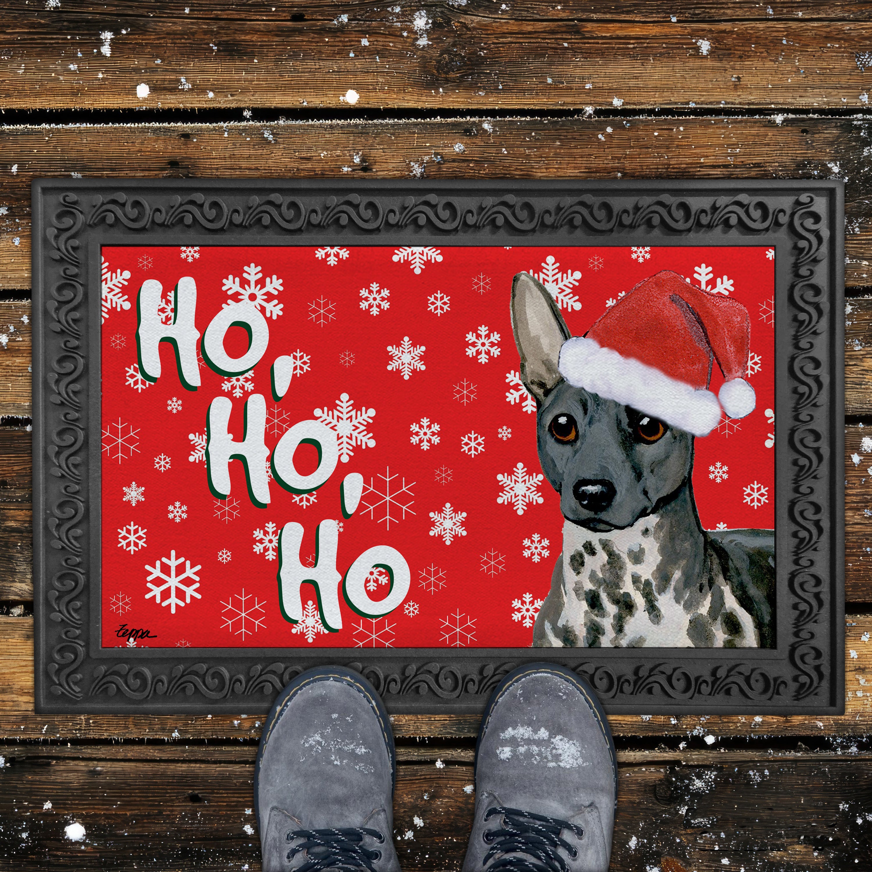 American Hairless Terrier Ho Ho Ho Door Mat in Red