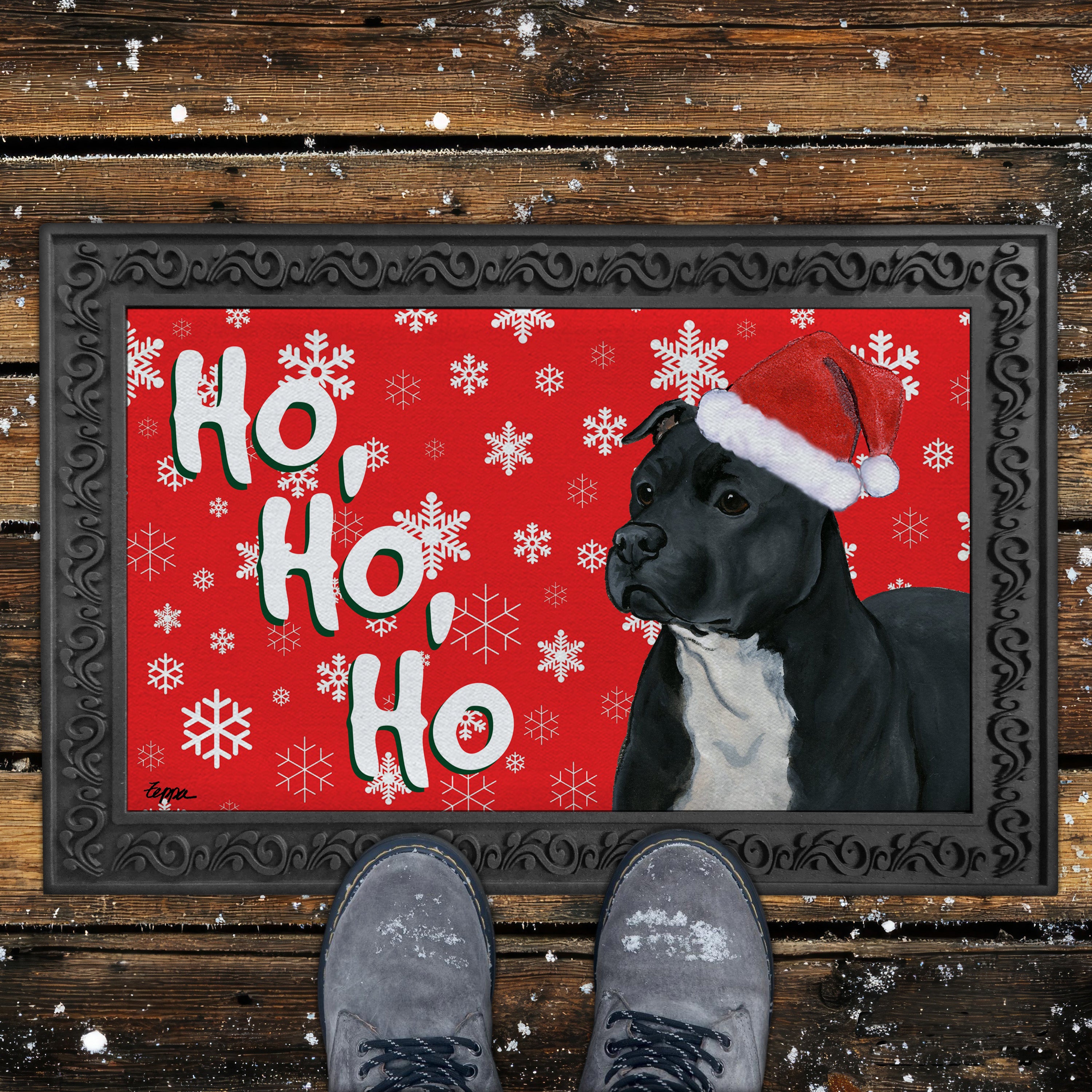 Black Pit Bull Ho Ho Ho Door Mat in Red