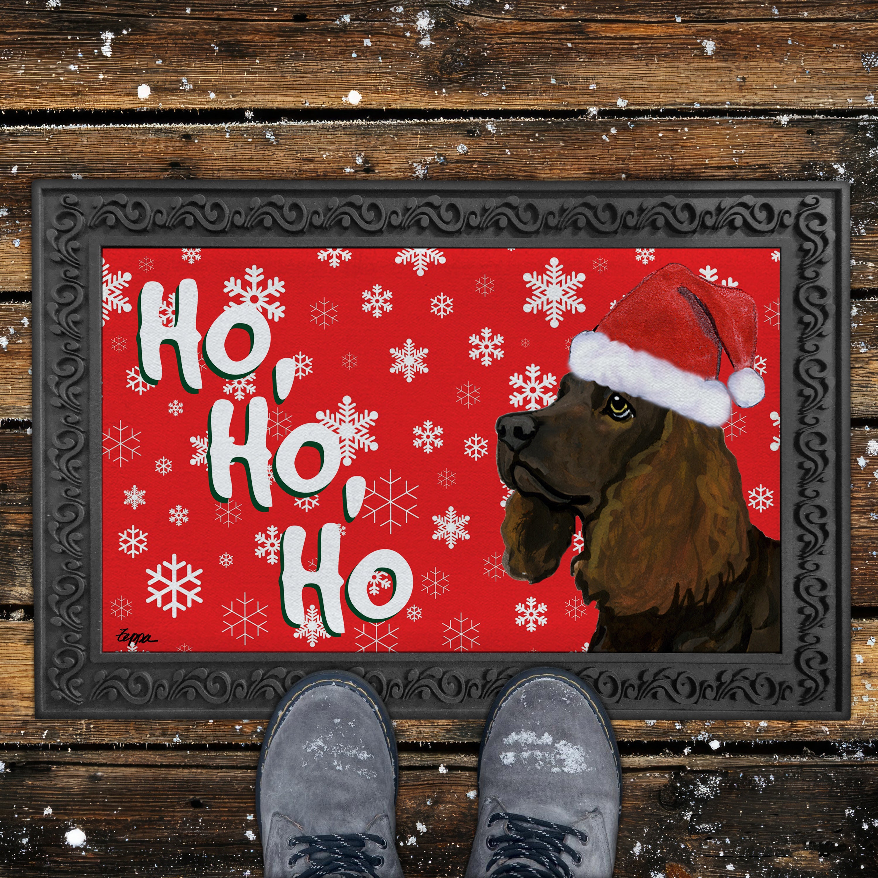 American Water Spaniel Ho Ho Ho Door Mat in Red