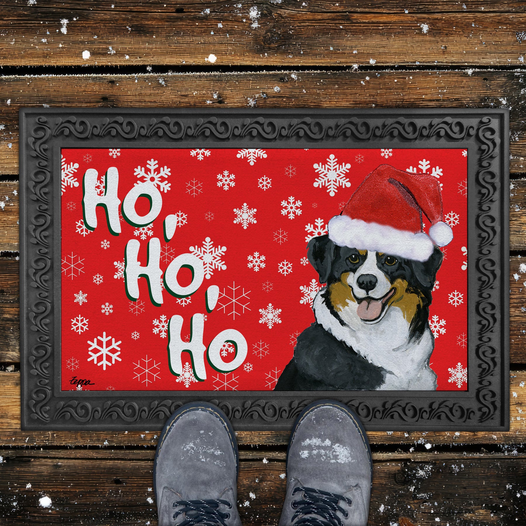 Black Tri Australian Shephered Ho Ho Ho Door Mat in Red