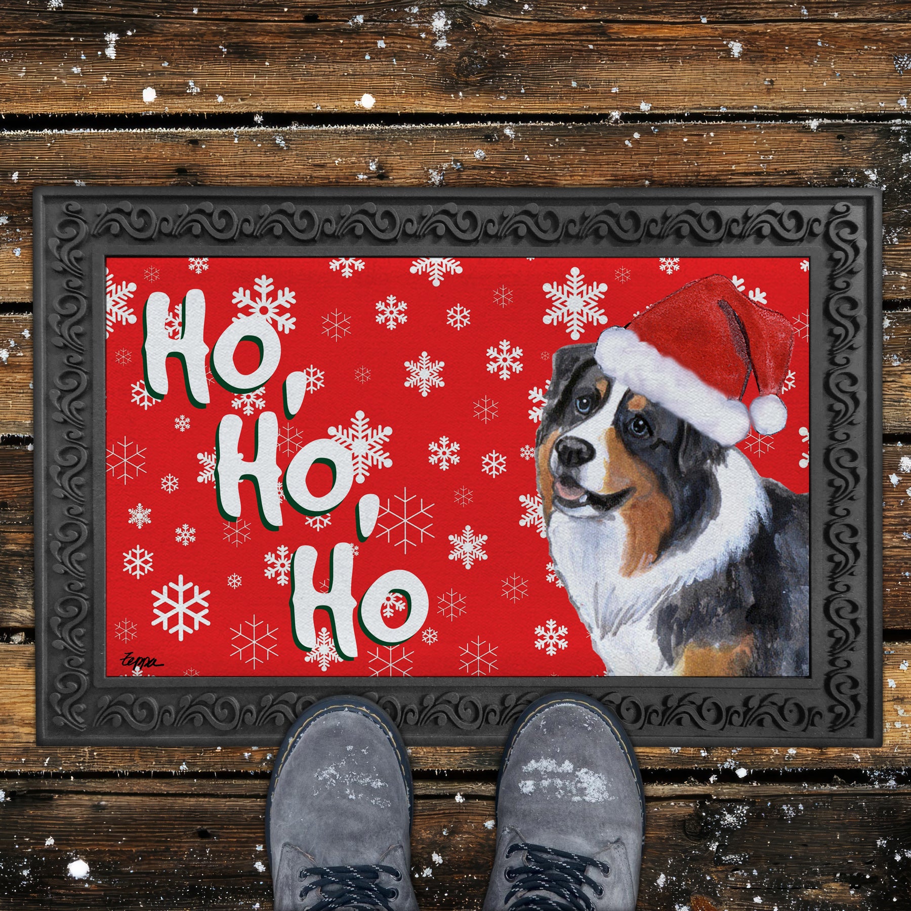 Australian Shepherd Ho Ho Ho Door Mat in Red